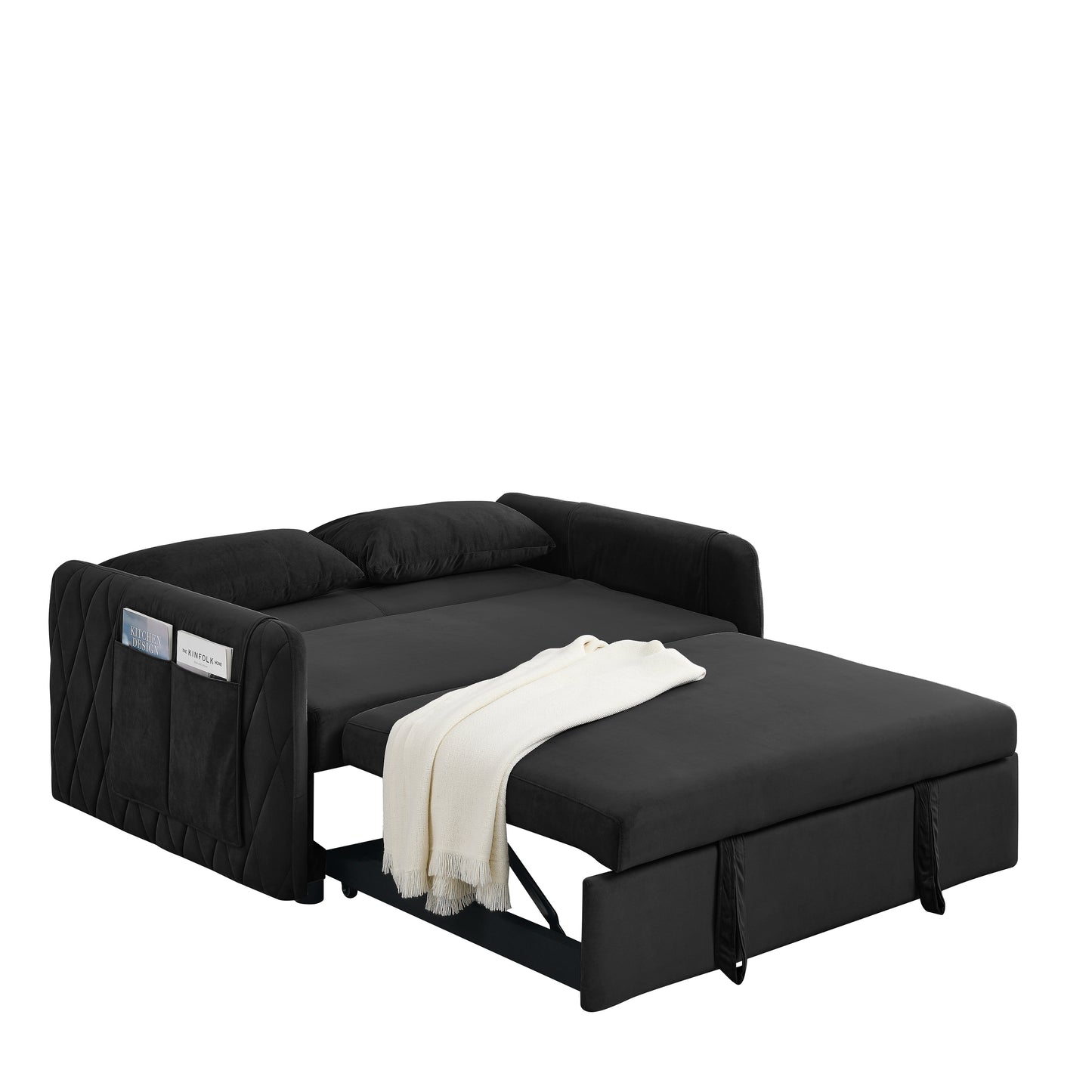 55 Modern Velvet Convertible Sofa Bed with Adjustable Backrest and Detachable Arm Pockets