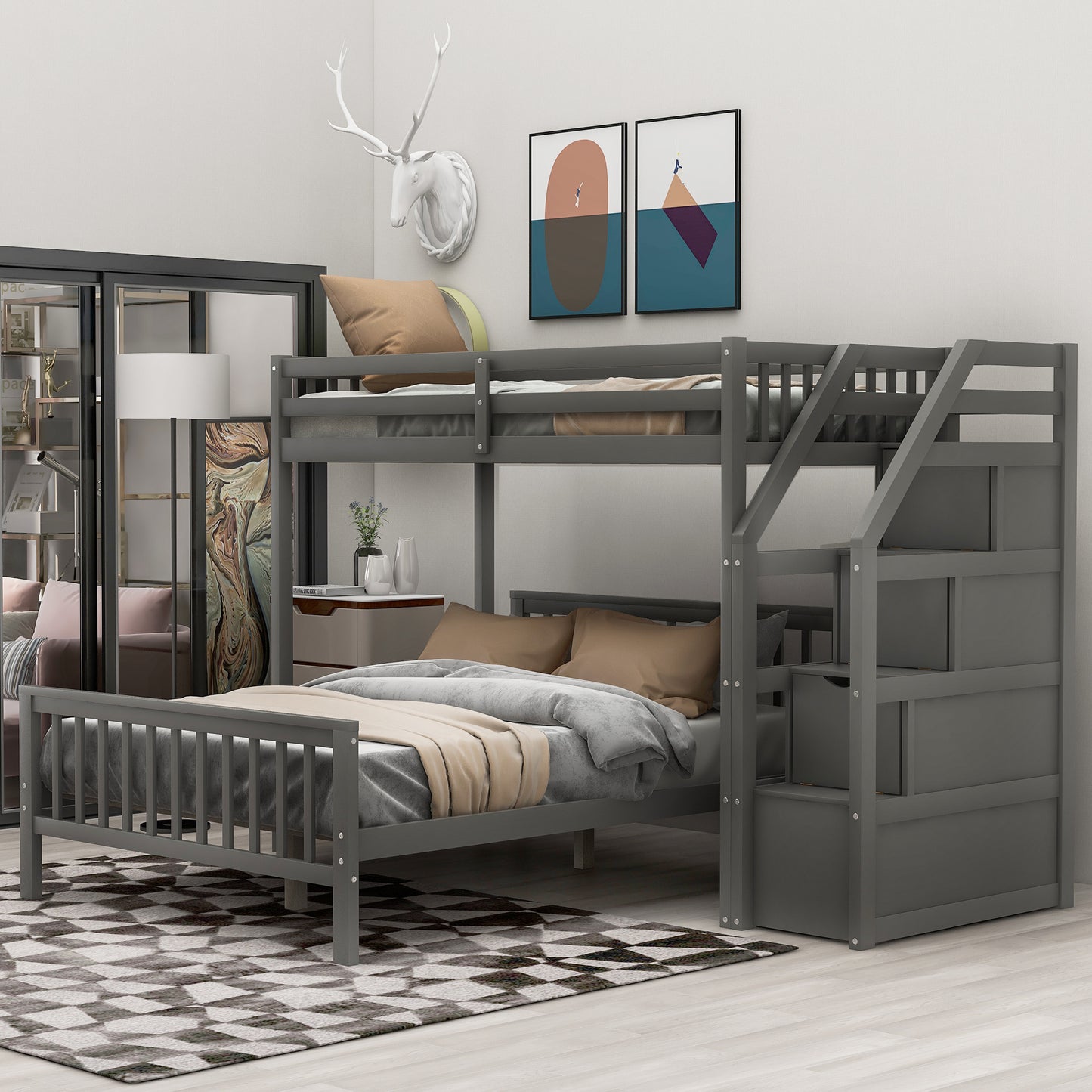 Twin over Full Loft Bed with Staircase,Gray(OLD SKU:SM000107AAE)