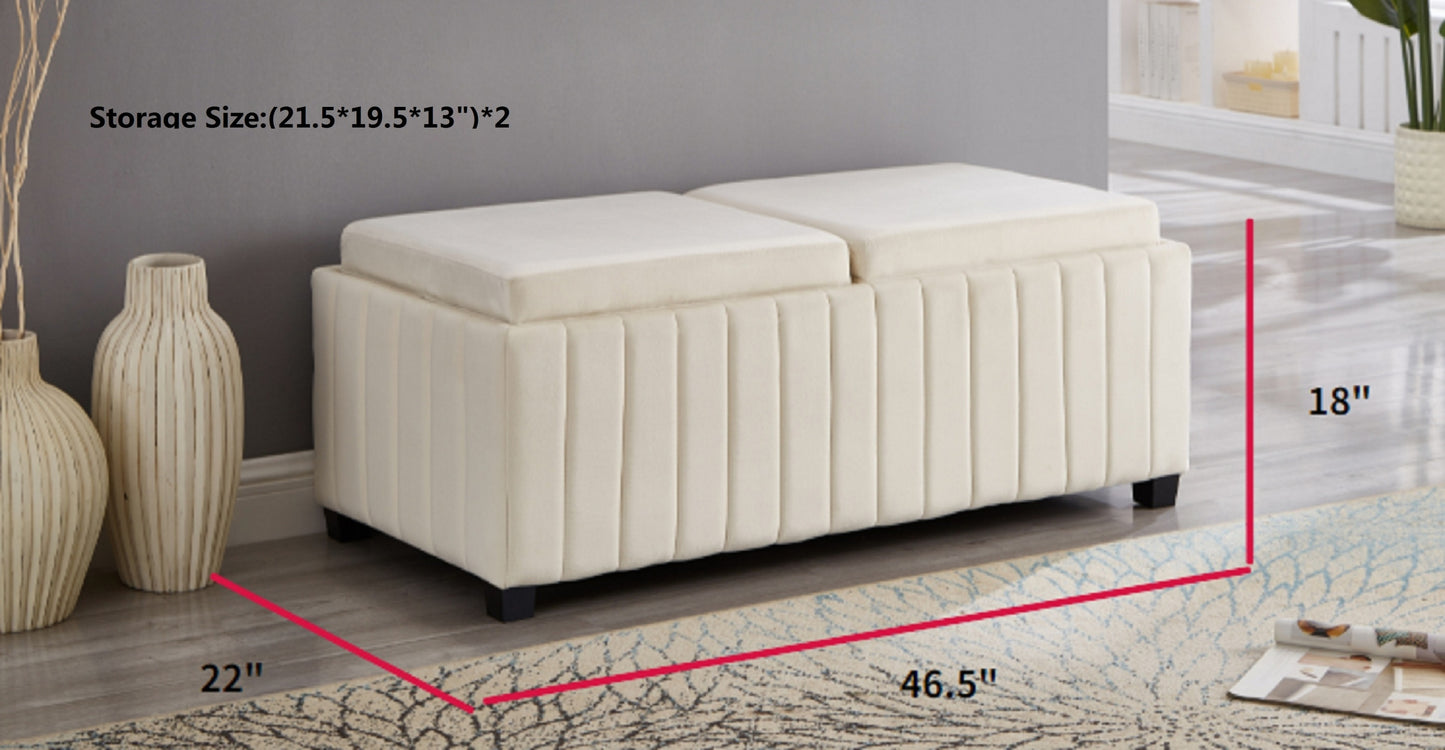 Contemporary Beige Velvet Storage Ottoman Bench with Coffee Tray and High-Density Sponge Fill