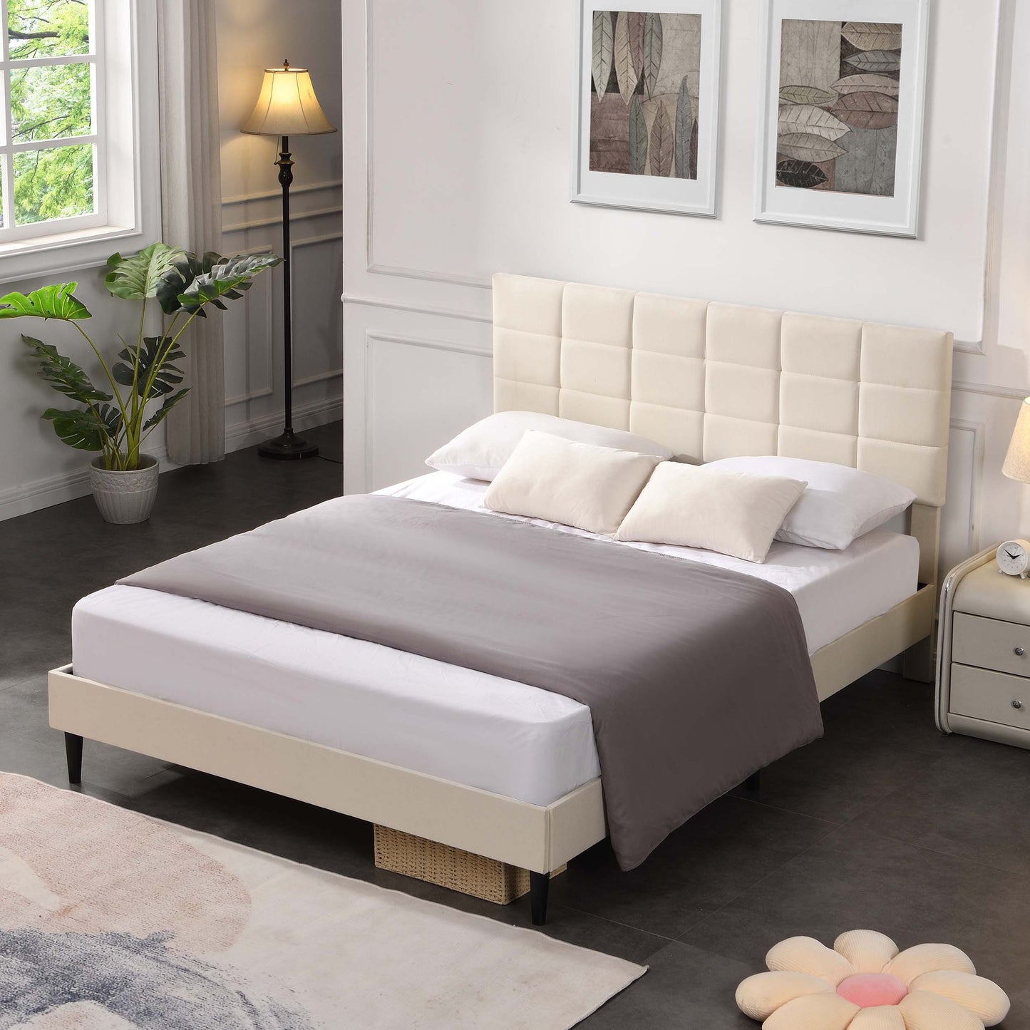 Queen Size Platform Bed Frame with Fabric Upholstered Headboard and Wooden Slats, No Box Spring Needed/Easy Assembly, Beige