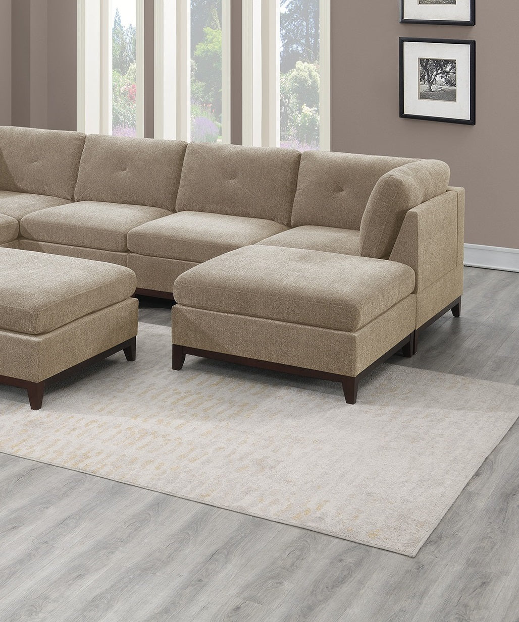 Versatile Camel Chenille Fabric Modular Sectional Set with Tufted Back and Wooden Base