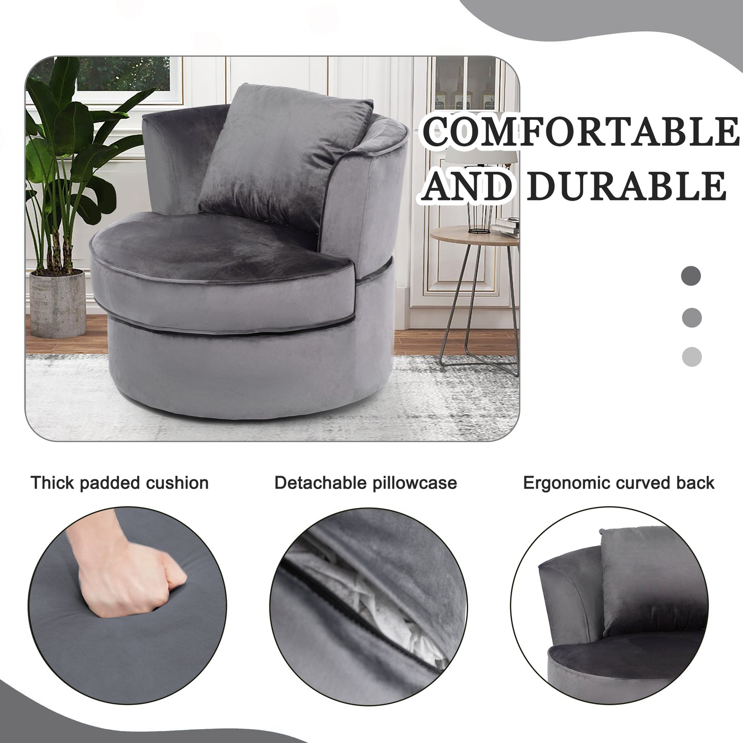 Single Sofa Chair Mid-Century Modern Accent Chair 360°Rotating Sofa Chair for Living Room Bedroom Gray