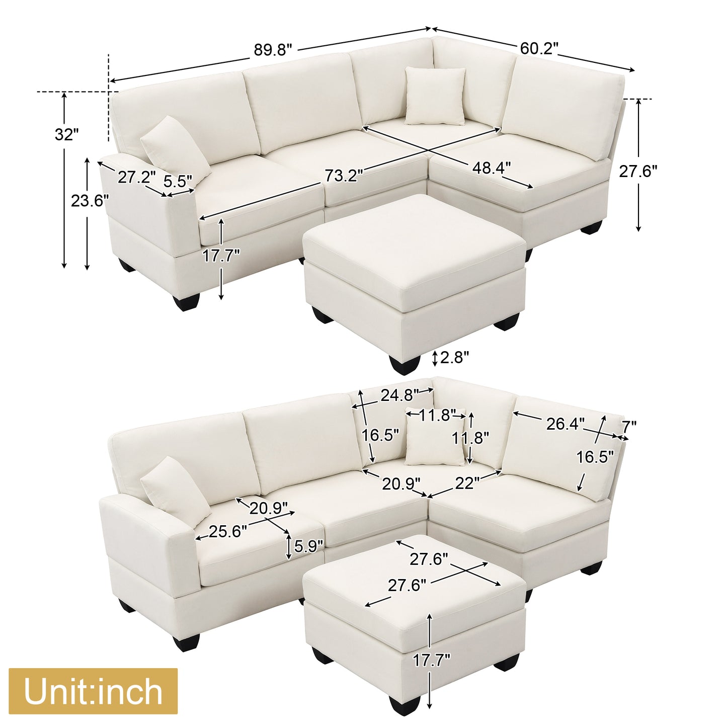 Contemporary 5-Seat L-Shaped Linen Sectional Sofa Set with Convertible Ottoman