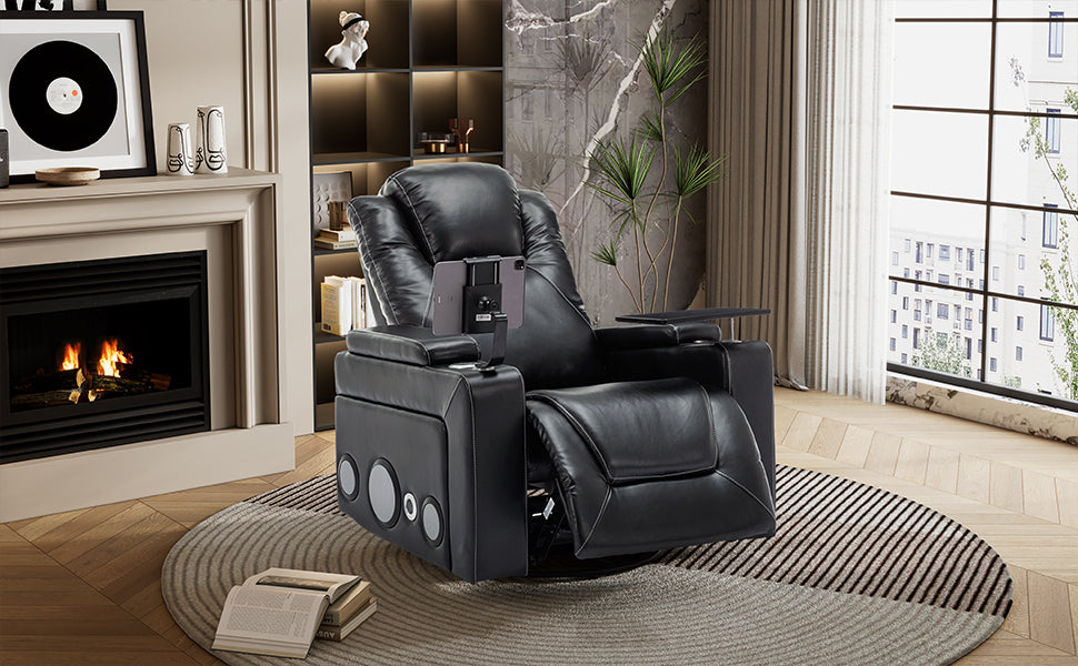 Luxurious Bluetooth Surround Sound Power Recliner with Swivel and Storage, Black