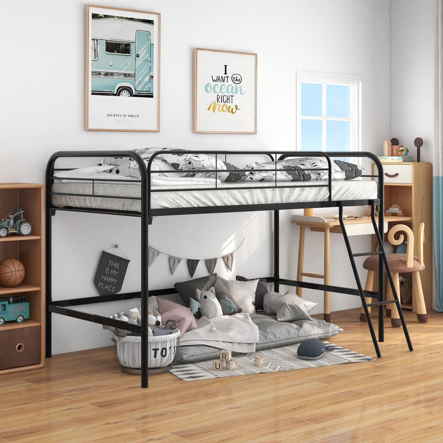 Metal Twin Loft Bed , Twin Size High Loft Bed Black