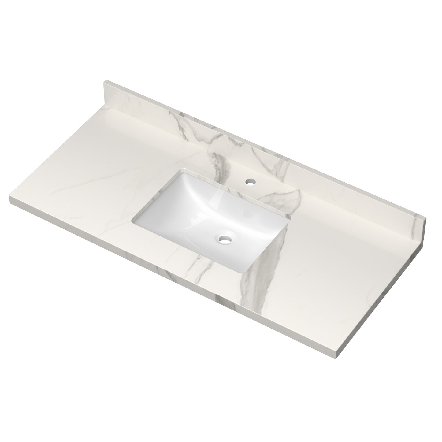 49 Inch Quartz Vanity Top with Undermounted Rectangular Ceramic Sink & Backsplash, White Calacatta Engineered Stone Countertop for Bathroom Kitchen Cabinet 1 Faucet Hole (not Include Cabinet)