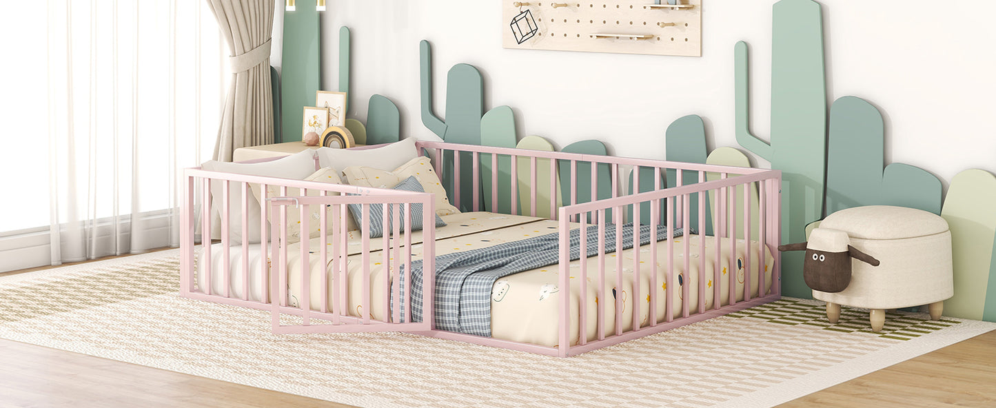 Queen Size Metal Floor Bed Frame with Fence and Door, Pink