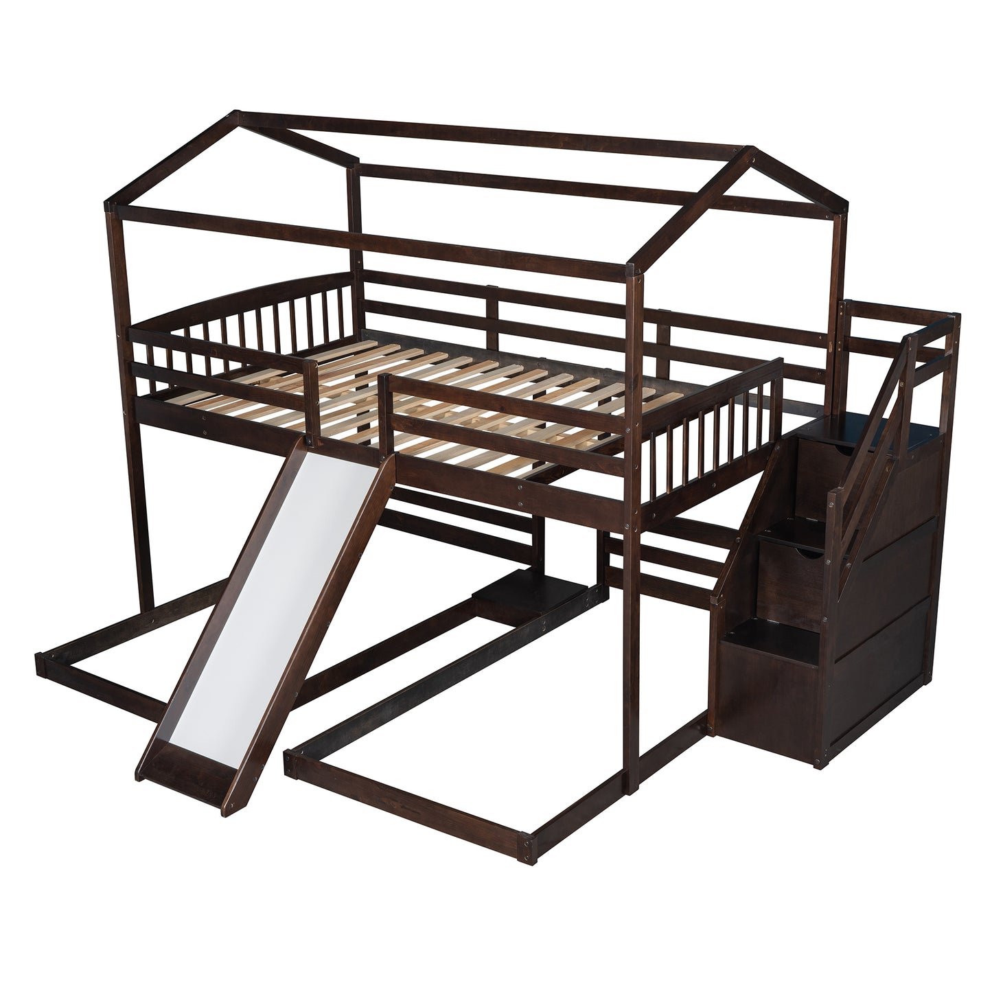 Versatile Full over Twin & Twin Bunk Bed in Espresso with Slide and Storage Staircase