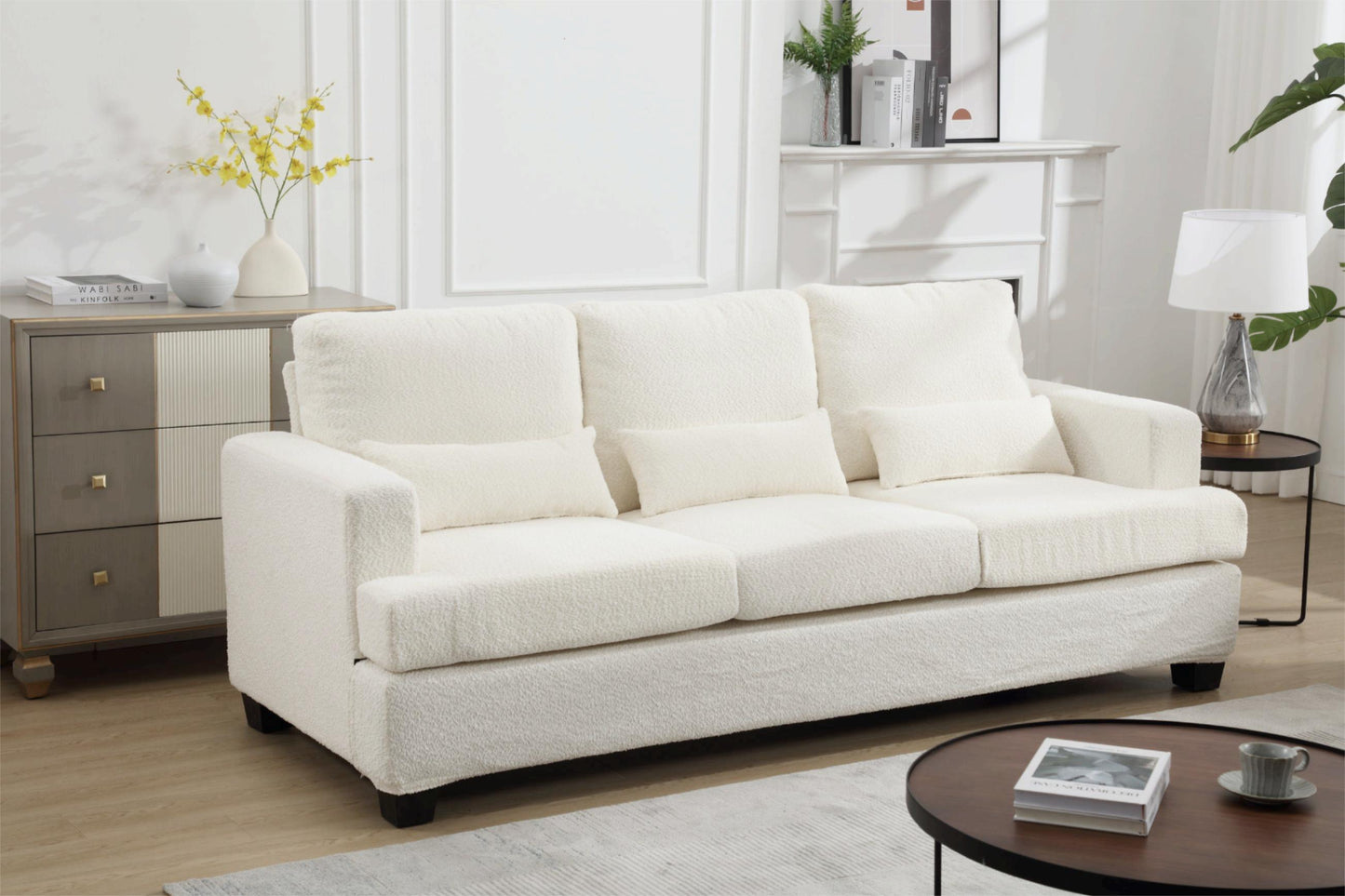 Elegant 3-Seater Modern White & Gray Sofa with Square Armrests and Removable Cushions