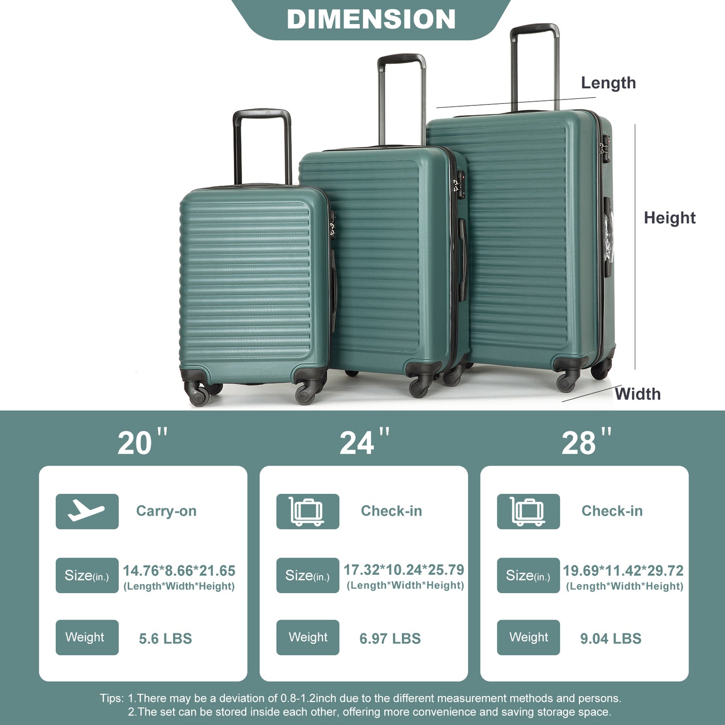 3 Piece Luggage Sets ABS Lightweight Suitcase with Two Hooks, Spinner Wheels, TSA Lock, (20/24/28) Green