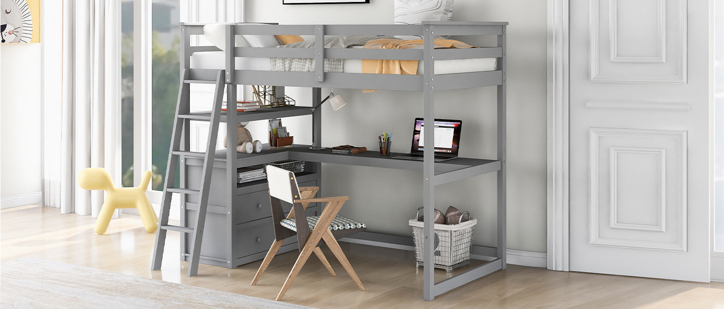 Twin Size Loft Bed with Desk and Shelves, Two Built-in Drawers, Gray(:GX000803AAE-1)