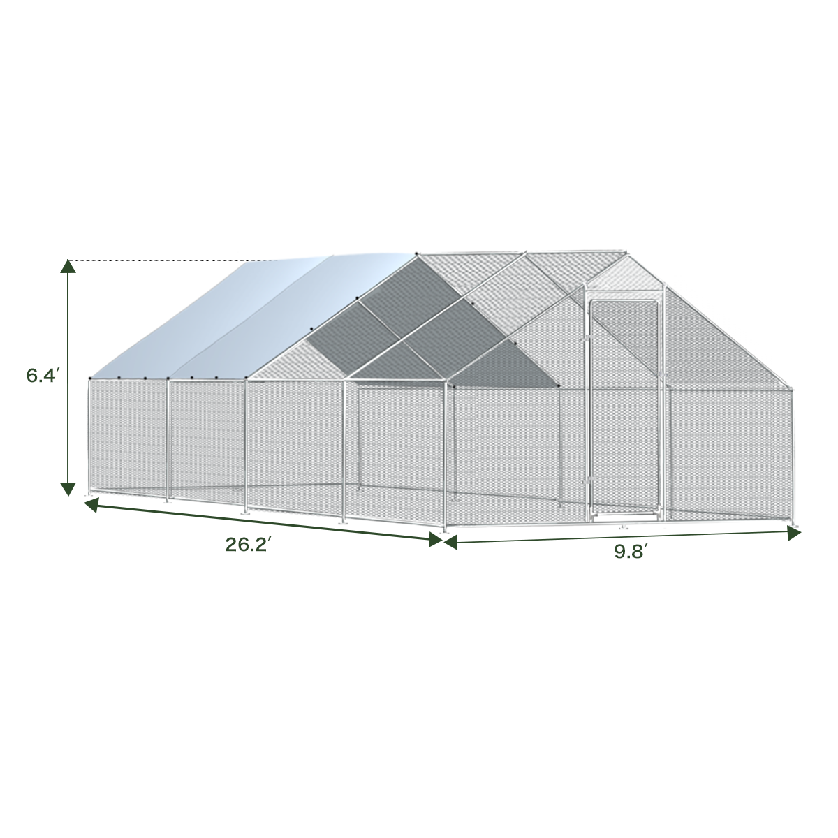 Metal Large Chicken Coop Walk-in Poultry Cage Large Chicken Run Spire Shaped Cage with Waterproof Anti-UltravioletCover, 1.26" Diameter Tube (9.8' L x 26.2' W x 6.4' H)