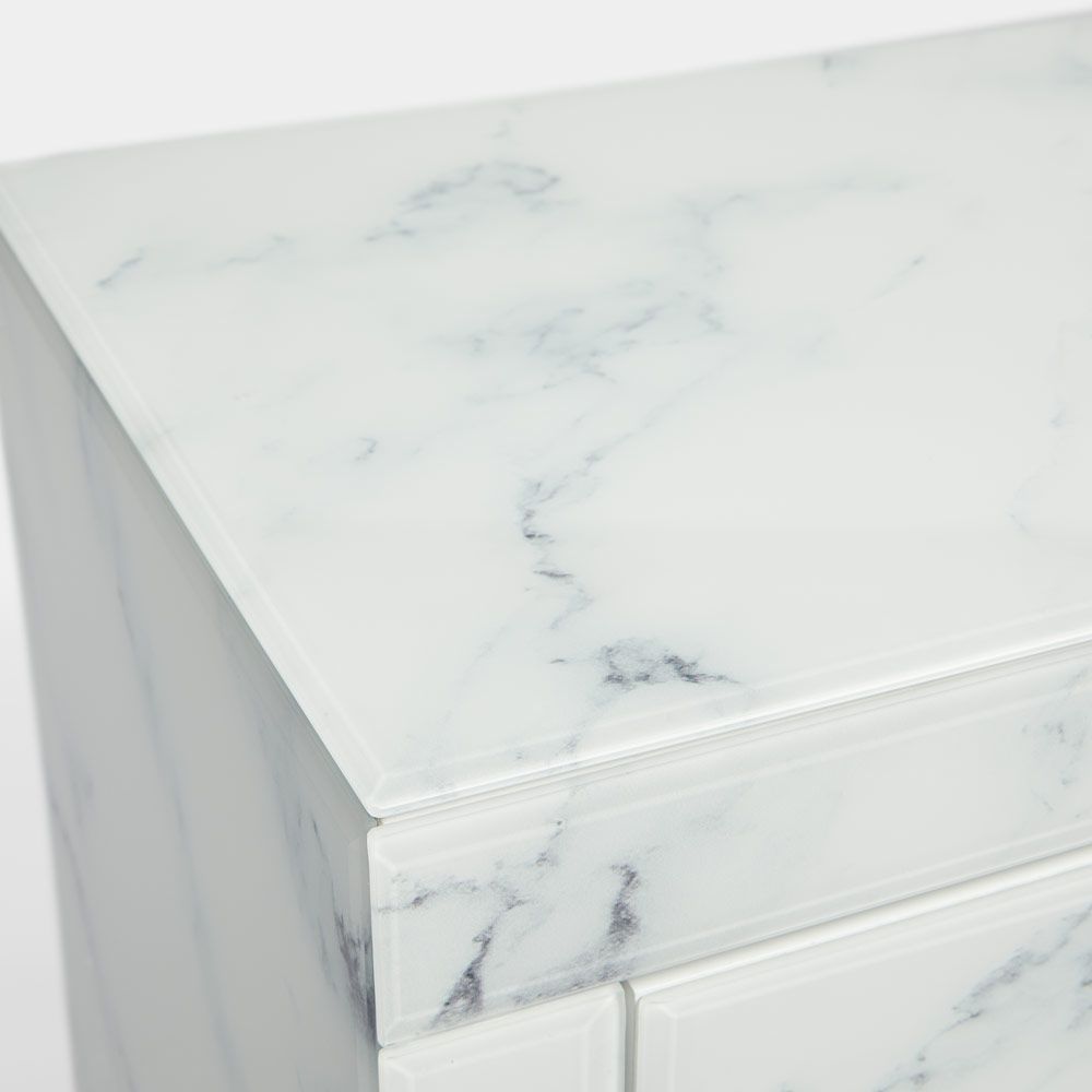 Tempered Glass Nightstand, Marble Nightstand with 3 Drawers,Side Table for Bedroom, Living Room