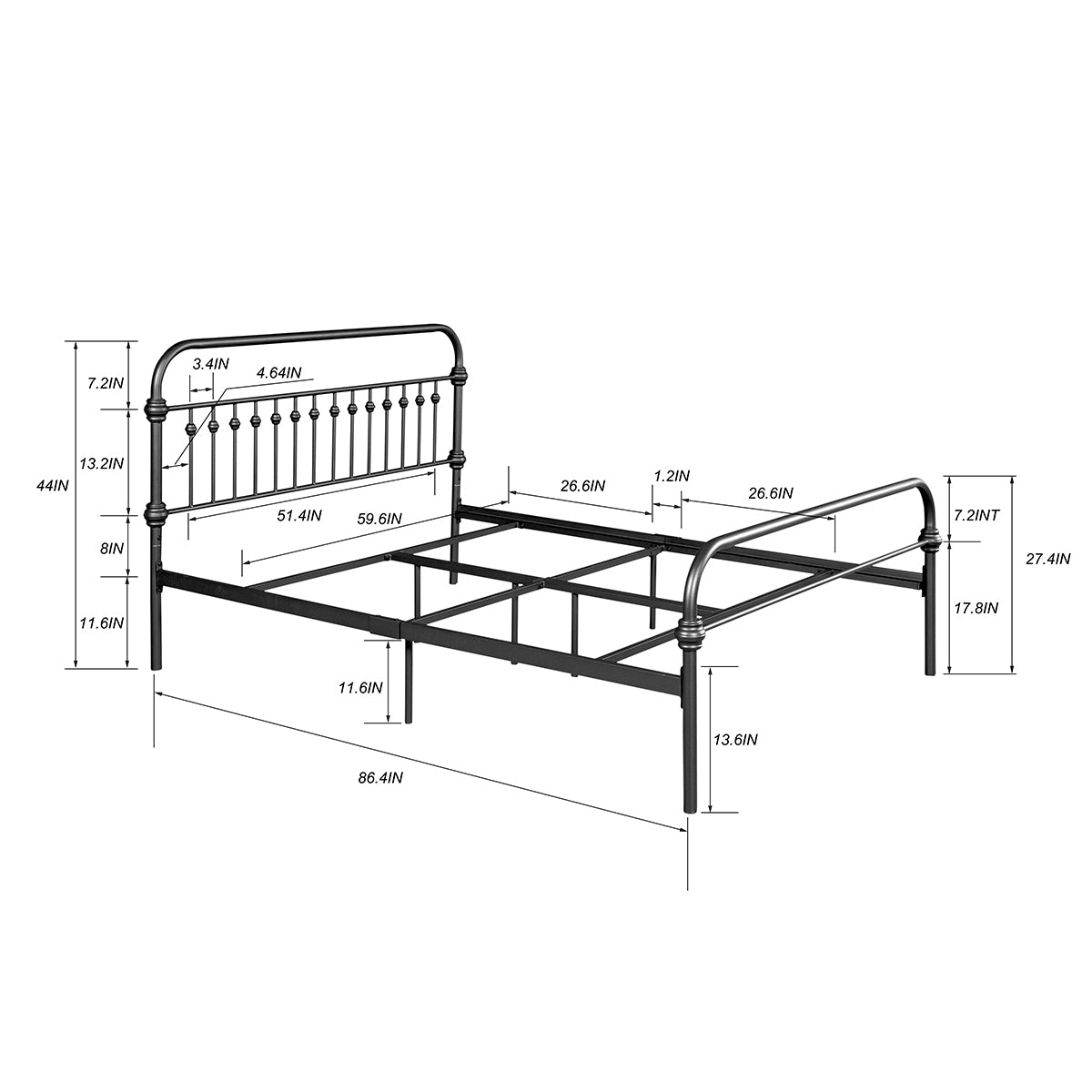 86.4" L X 59.6" W X 44"H Metal Bed Frame Queen Size Standerd Bed Frame - BLACK