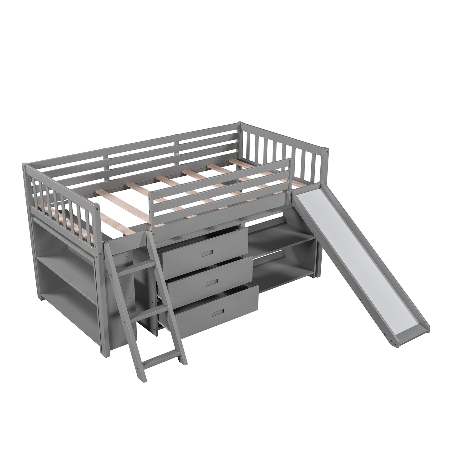 Low Loft Bed with Attached Bookcases and Separate 3-tier Drawers,Convertible Ladder and Slide,Twin,Gray