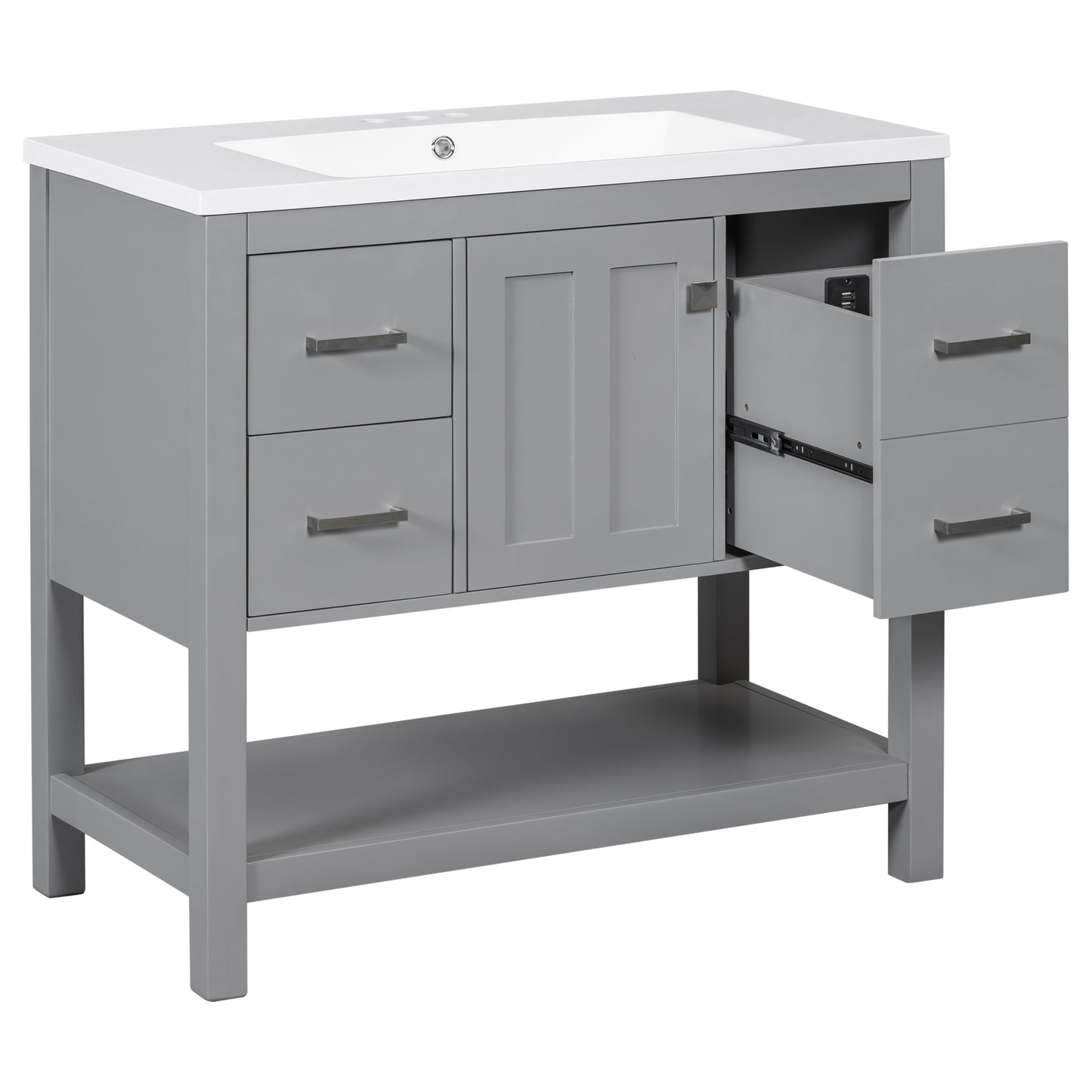 36" Gray Modern Bathroom Vanity with USB,Two Shallow Drawers, One Deep Drawer,One door,Single Resin Sink,Small Bathroom Organization Cabinet