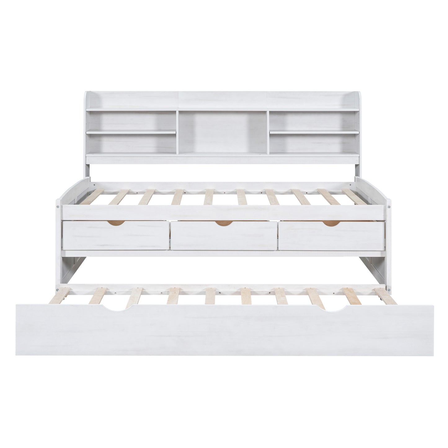 Twin Size Wooden Captain Bed with Built-in Bookshelves,Three Storage Drawers and Trundle, White Wash