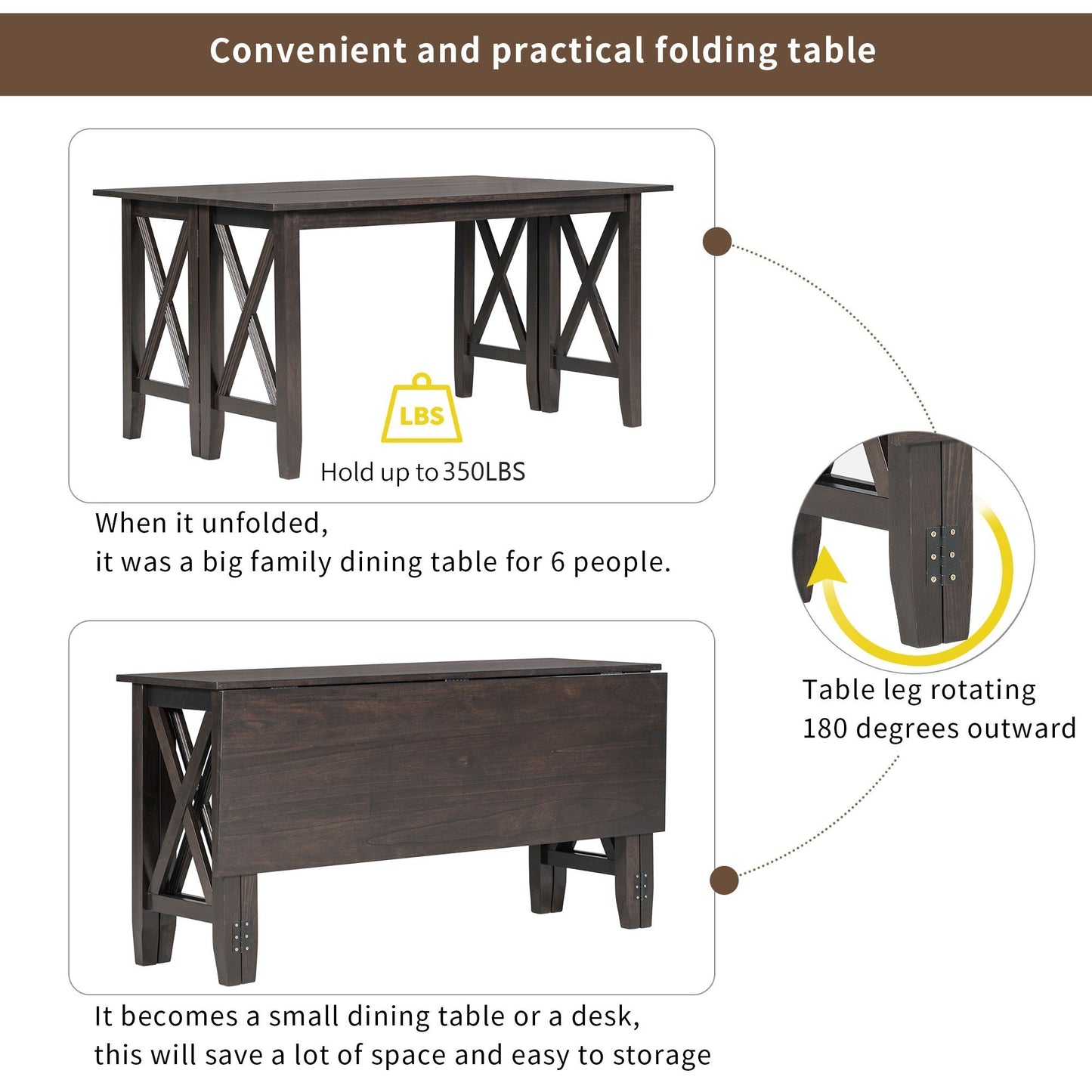 TREXM 6-Piece Family Dining Room Set Solid Wood Space Saving Foldable Table and 4 Chairs with Bench for Dining Room (Espresso)