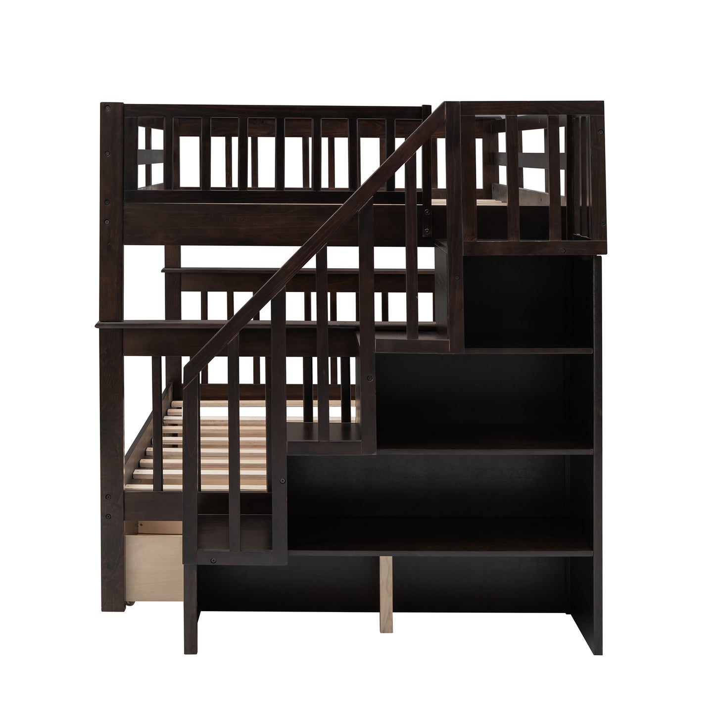 Espresso Wooden Staircase Bunk Bed with Storage and Drawer