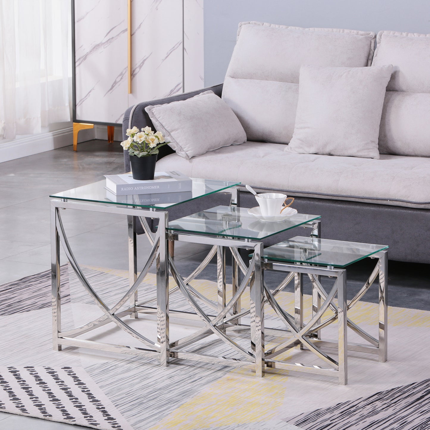 Contemporary Stainless Steel Glass Nesting Coffee Tables Set with Minimalist Curved Design