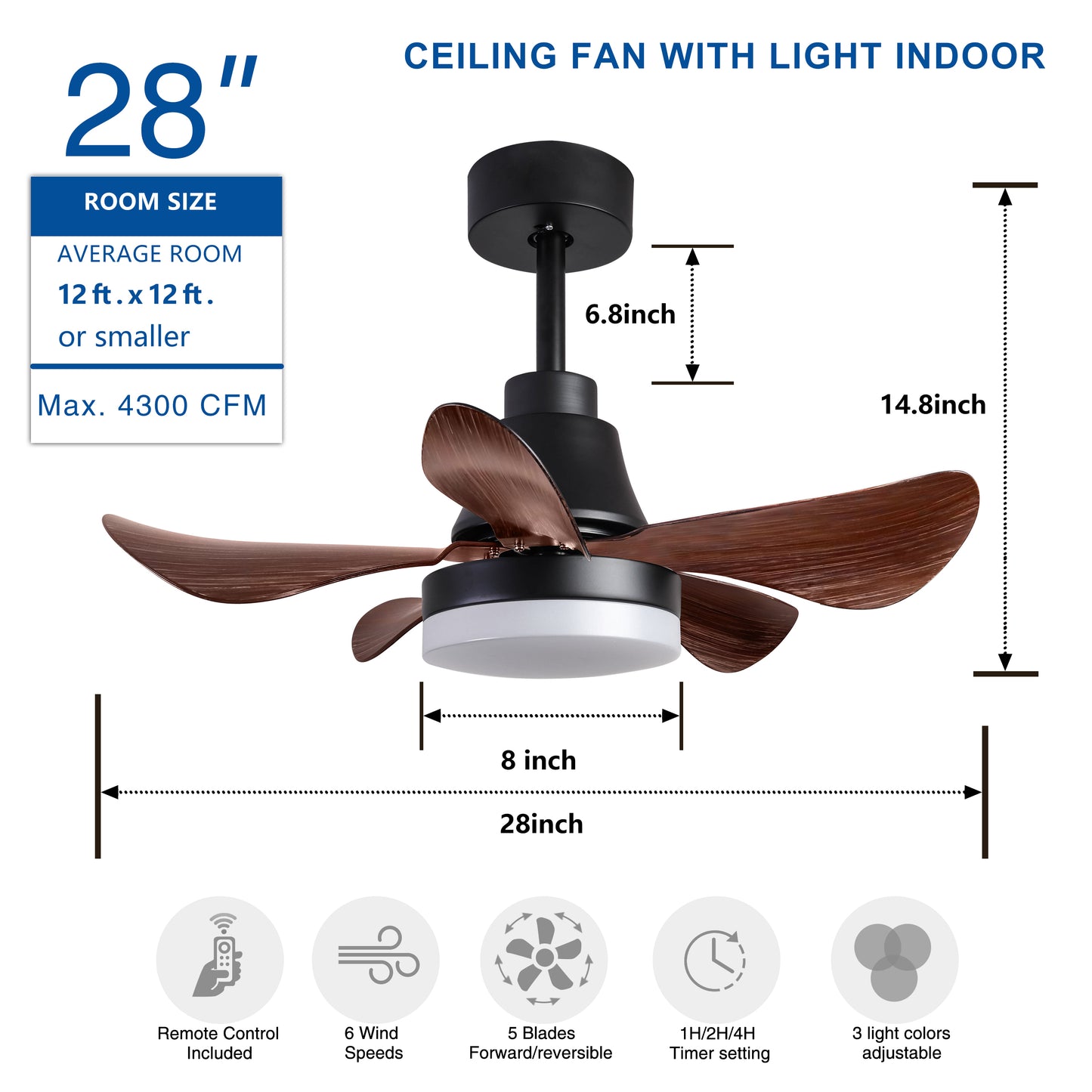 28 inch Modern Black Ceiling Fan with Remote Control and LED Light - 6 Speeds and 3 Colors