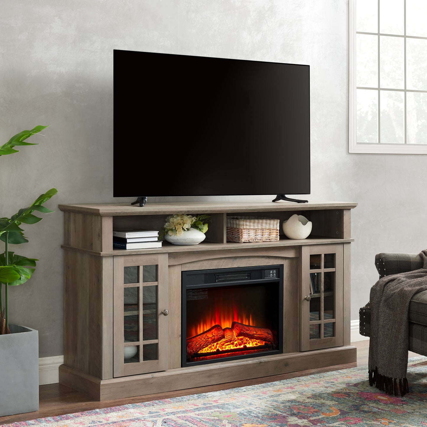 Elegant Gray Wash TV Stand with Fireplace Insert for TVs Up to 65 and Ample Storage Space