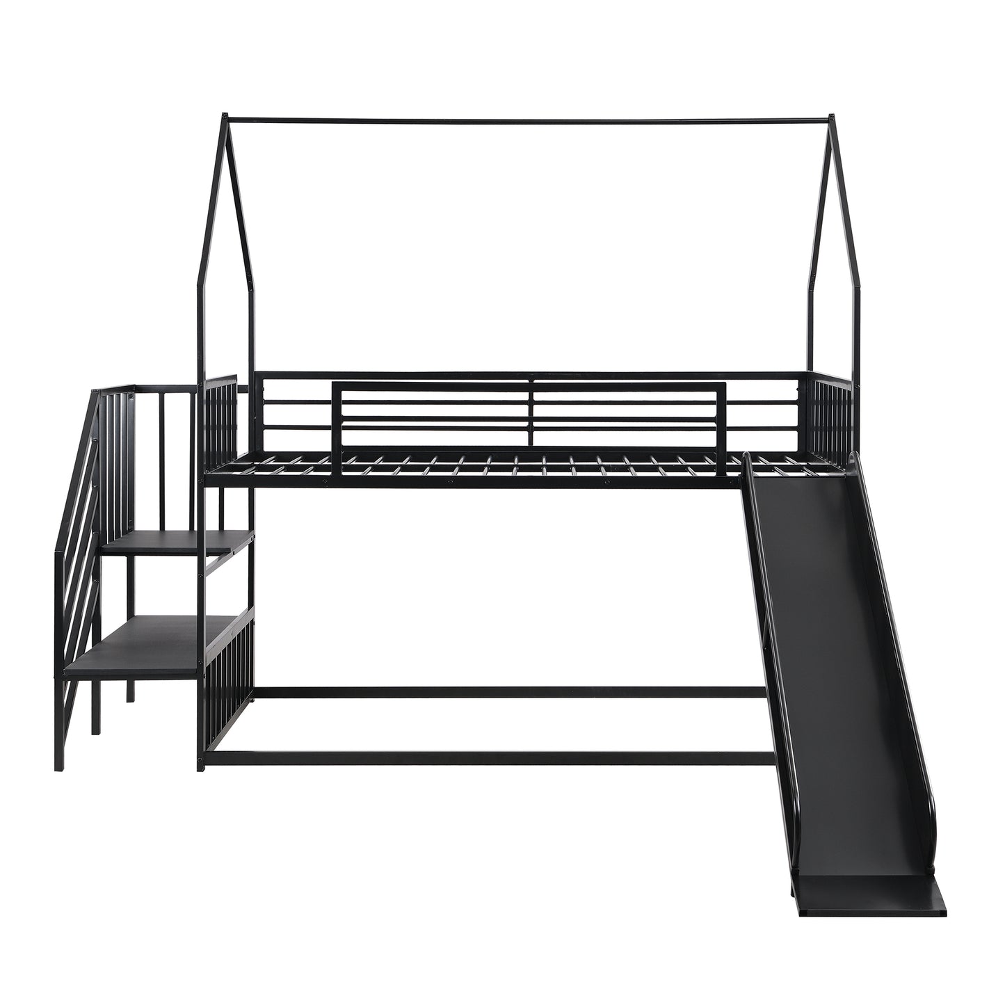 Kids Black Metal Twin Bunk Bed House with Slide and Storage Staircase