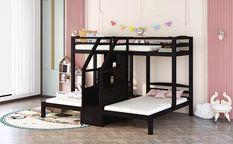 Espresso Triple Bunk Bed with Staircase and Storage Drawers