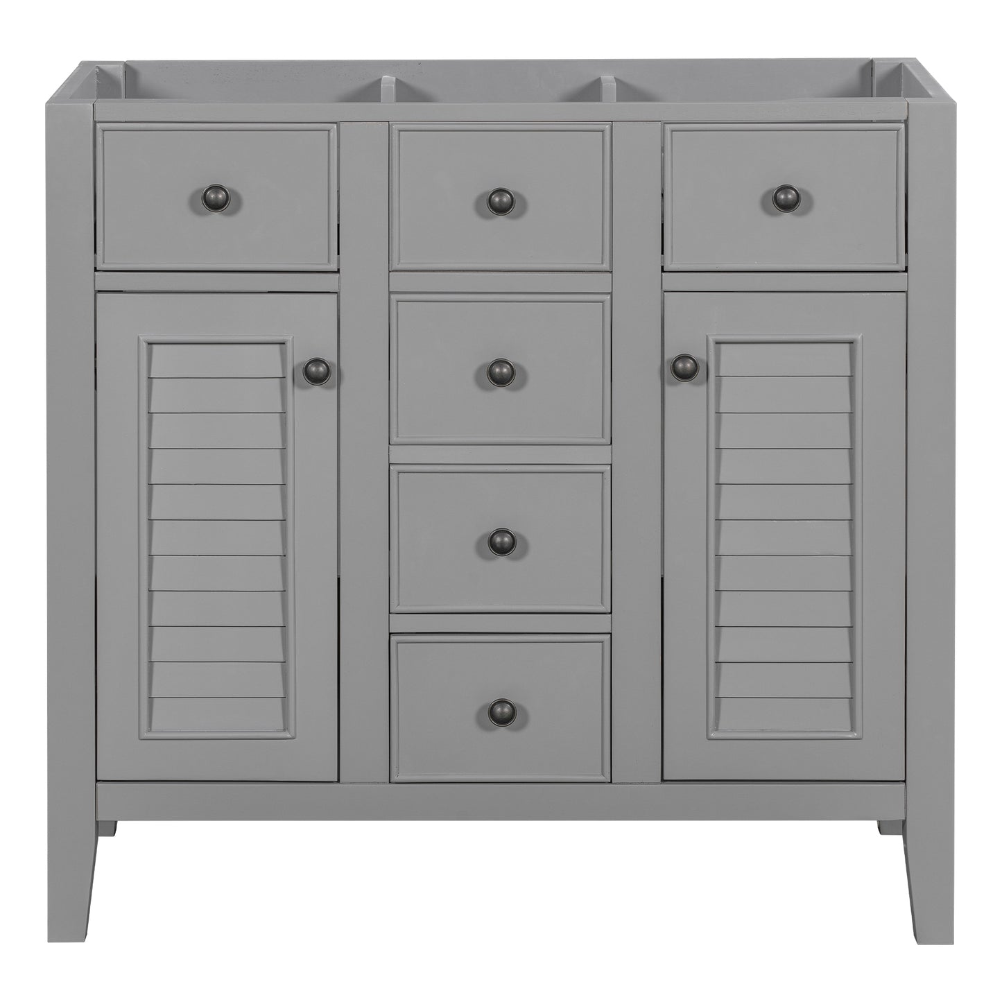 36" Bathroom Vanity without Sink, Cabinet Base Only, Two Cabinets and Five Drawers, Solid Wood Frame, Grey