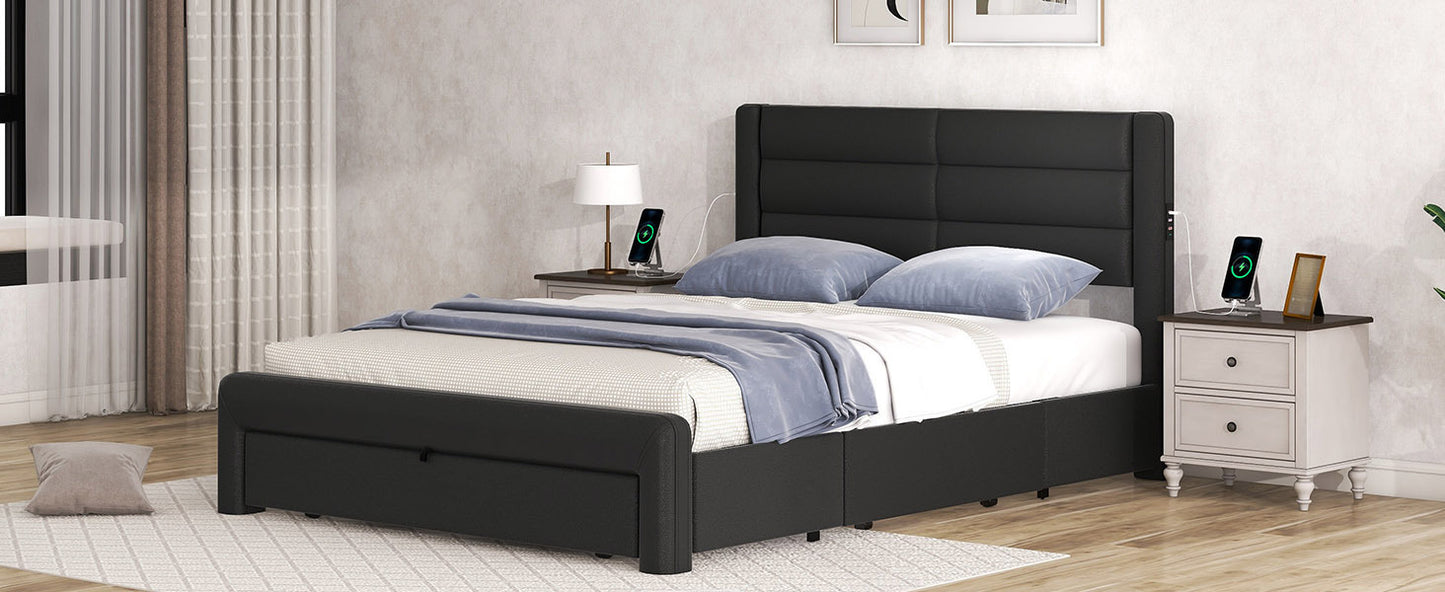 Queen Size Bed Frame with Drawers Storage, Leather Upholstered Platform Bed with Charging Station, Black