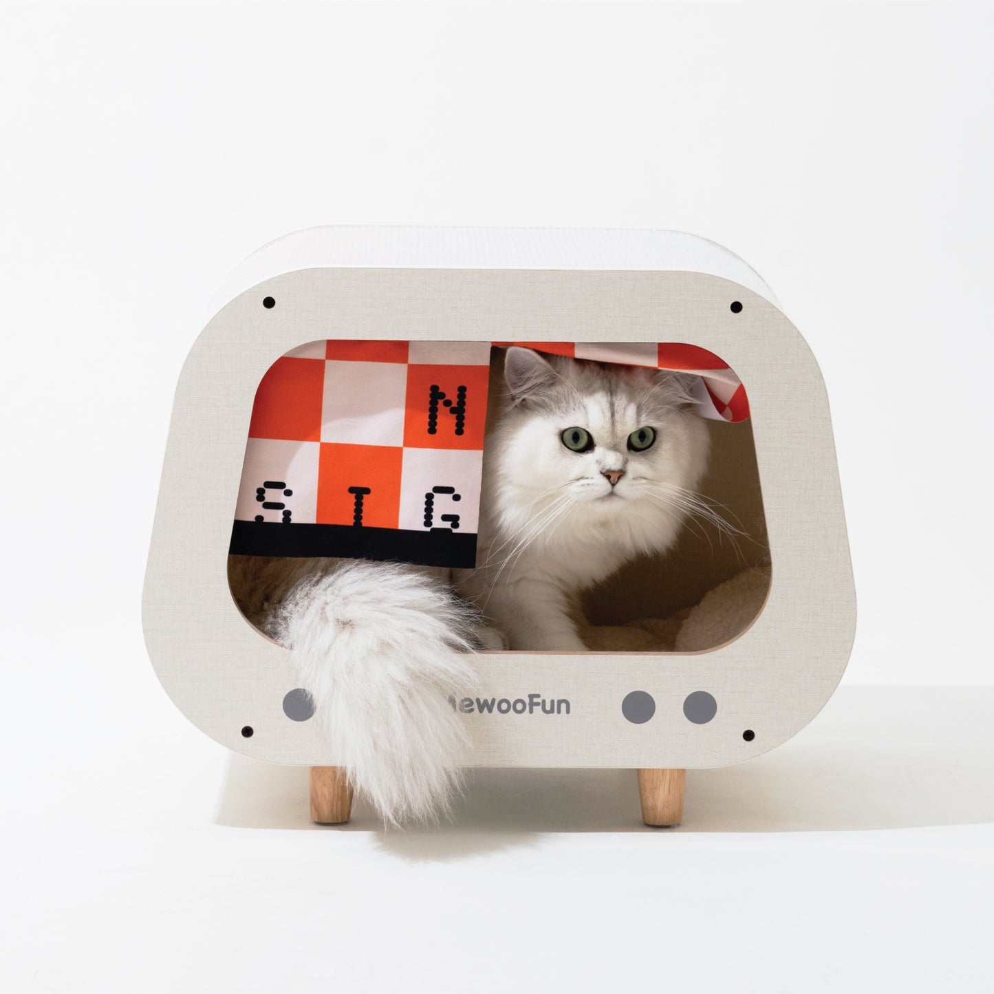 Classic Wooden TV-Shaped Cat Bed, Cat House with Cushion, White