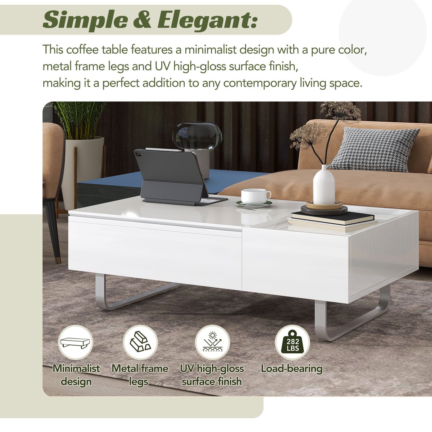 Contemporary White Lift-Top Coffee Table with Hidden Storage