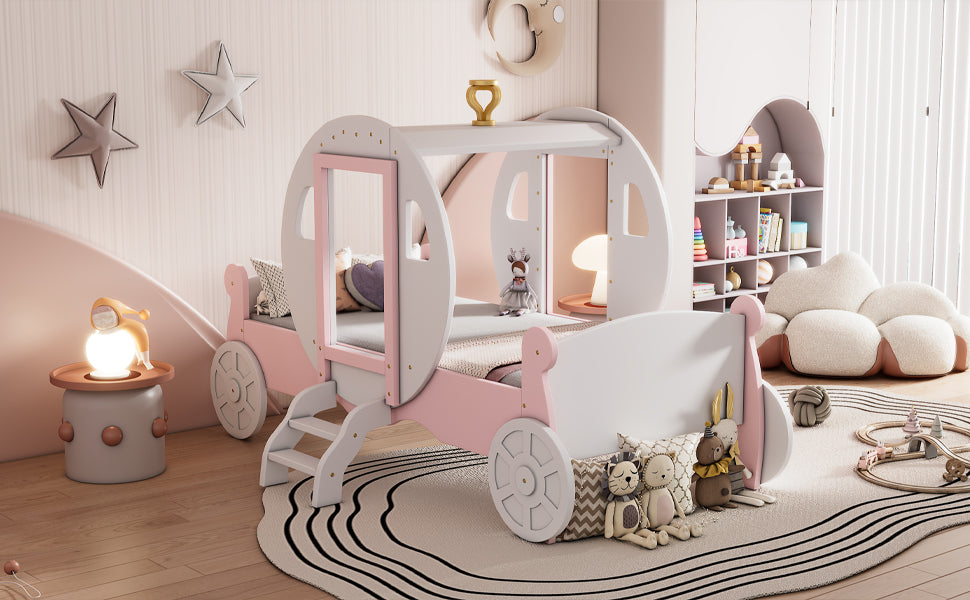 Twin size Princess Carriage Bed with Crown ,Wood Platform Car Bed with Stair,White+Pink