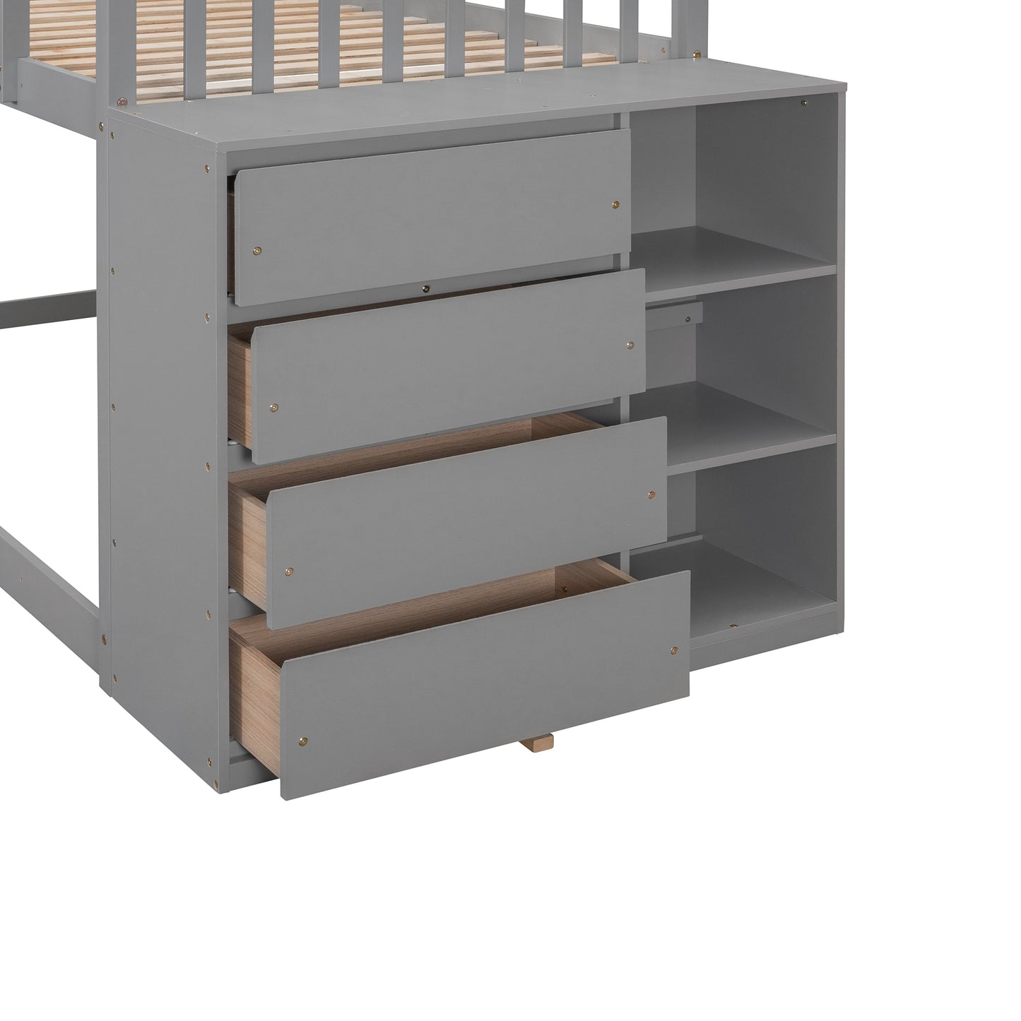 Space-Saving Gray Twin Bunk Bed with Storage and Built-in Shelves for Twin over Twin Configuration