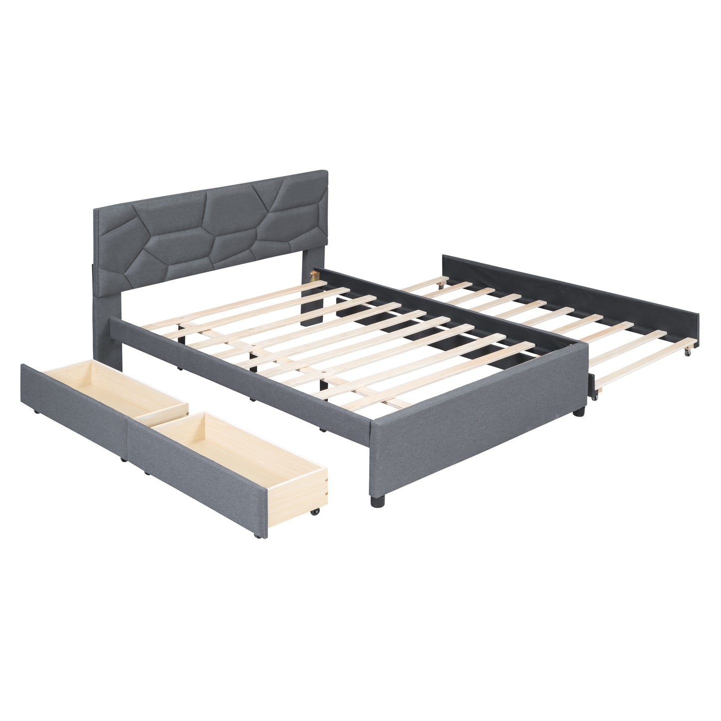 Full Size Upholstered Platform Bed with Brick Pattern Headboard, with Twin Size Trundle and 2 Drawers, Linen Fabric, Gray