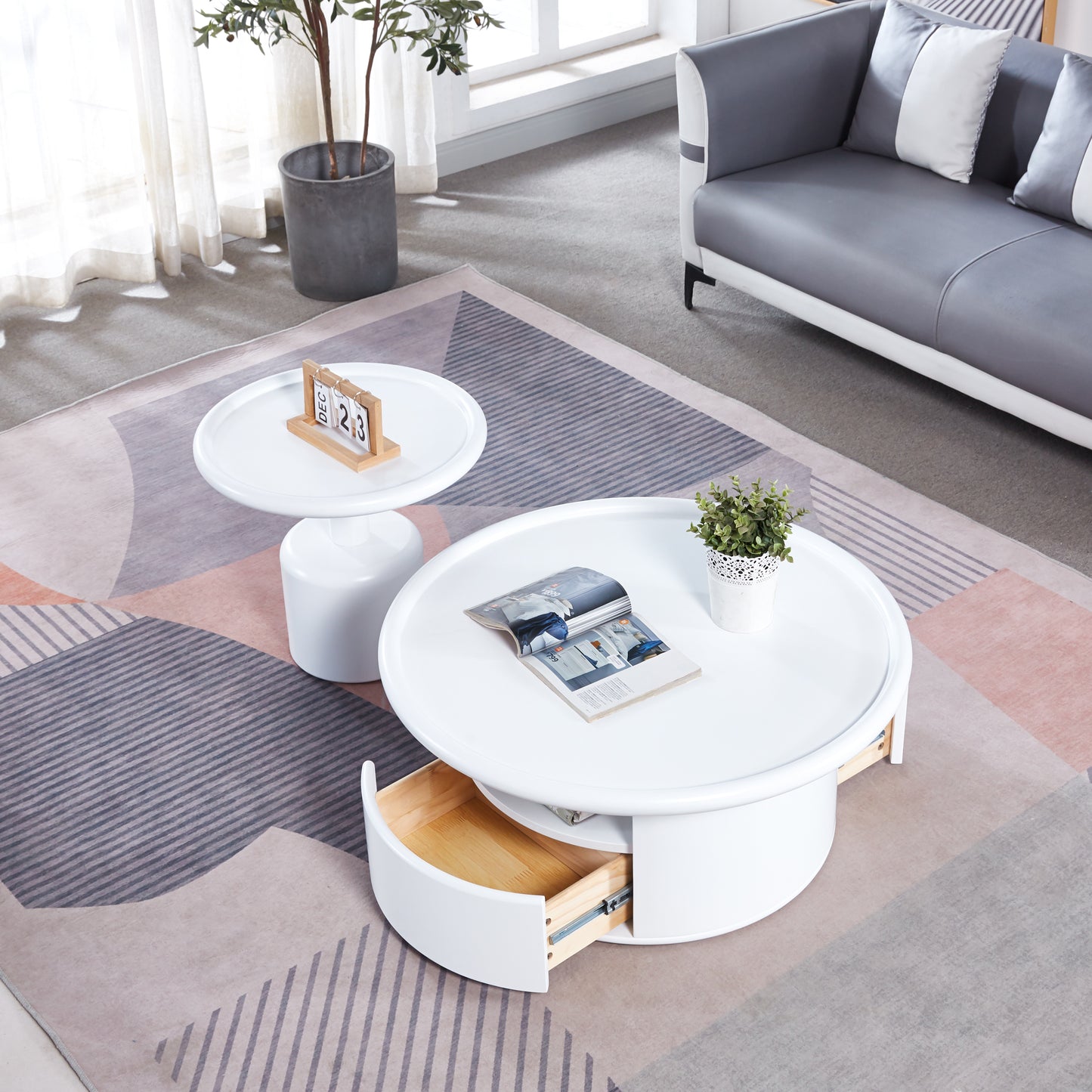 Elegant White MDF Round Coffee Table Set for Living Room, Bedroom with Sleek Design