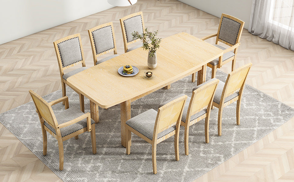 Rustic Extendable 84inch Dining Table Set with 24inch Removable Leaf , 6 Upholstered Armless Dining Chairs and 2 Padded Arm Chairs, 9 Pieces, Natural