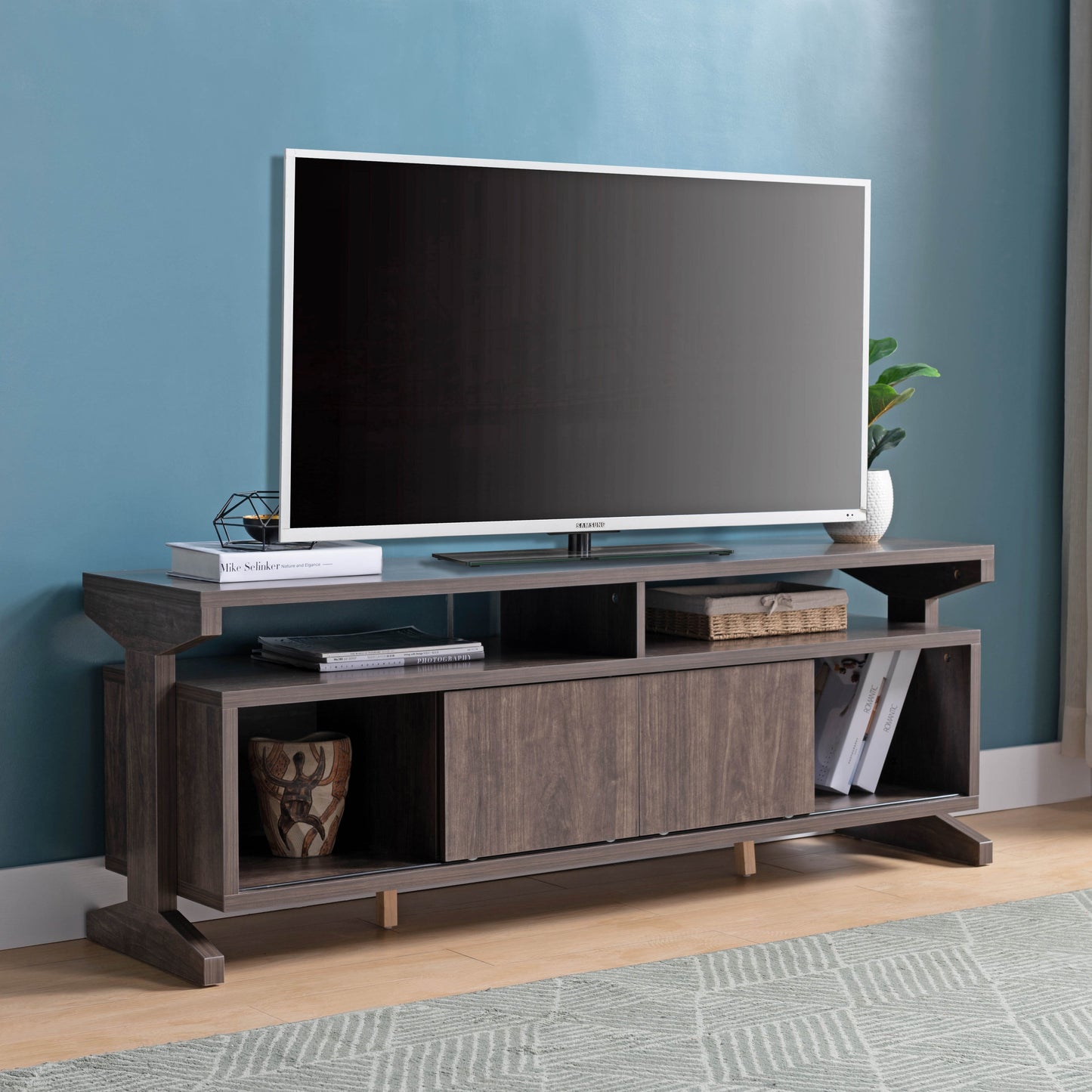 Walnut TV Stand with Sliding Doors and Storage Space