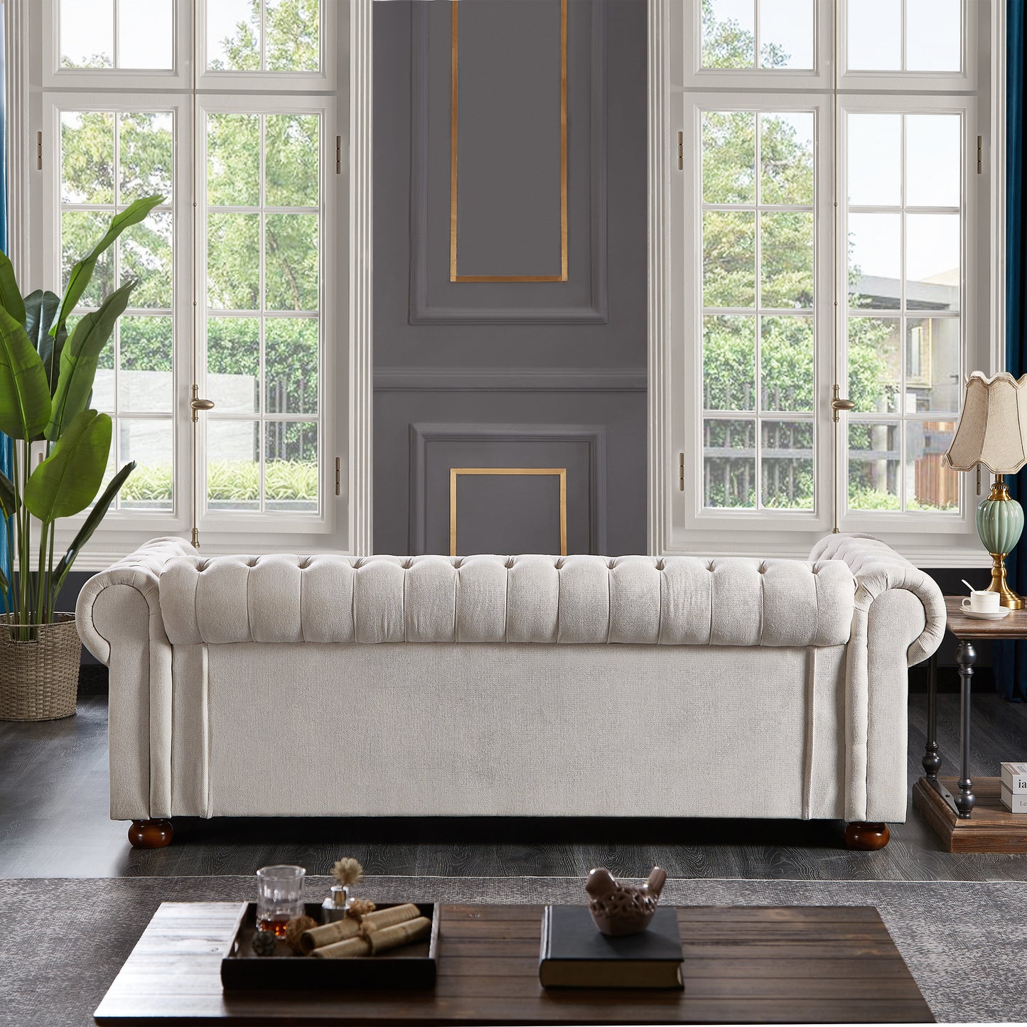 Chesterfield sofa beige linen fabric (Beige)