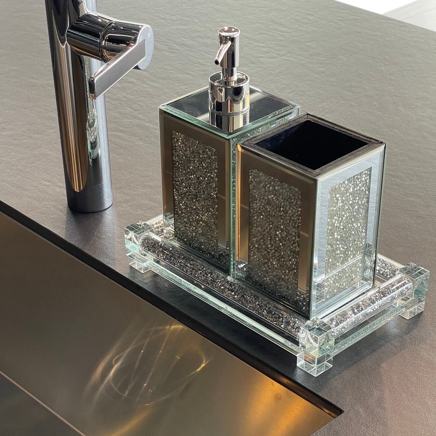 Exquisite Glass 3-Piece Bathroom Set with Square Soap Dispenser, Toothbrush Holder, and Tray