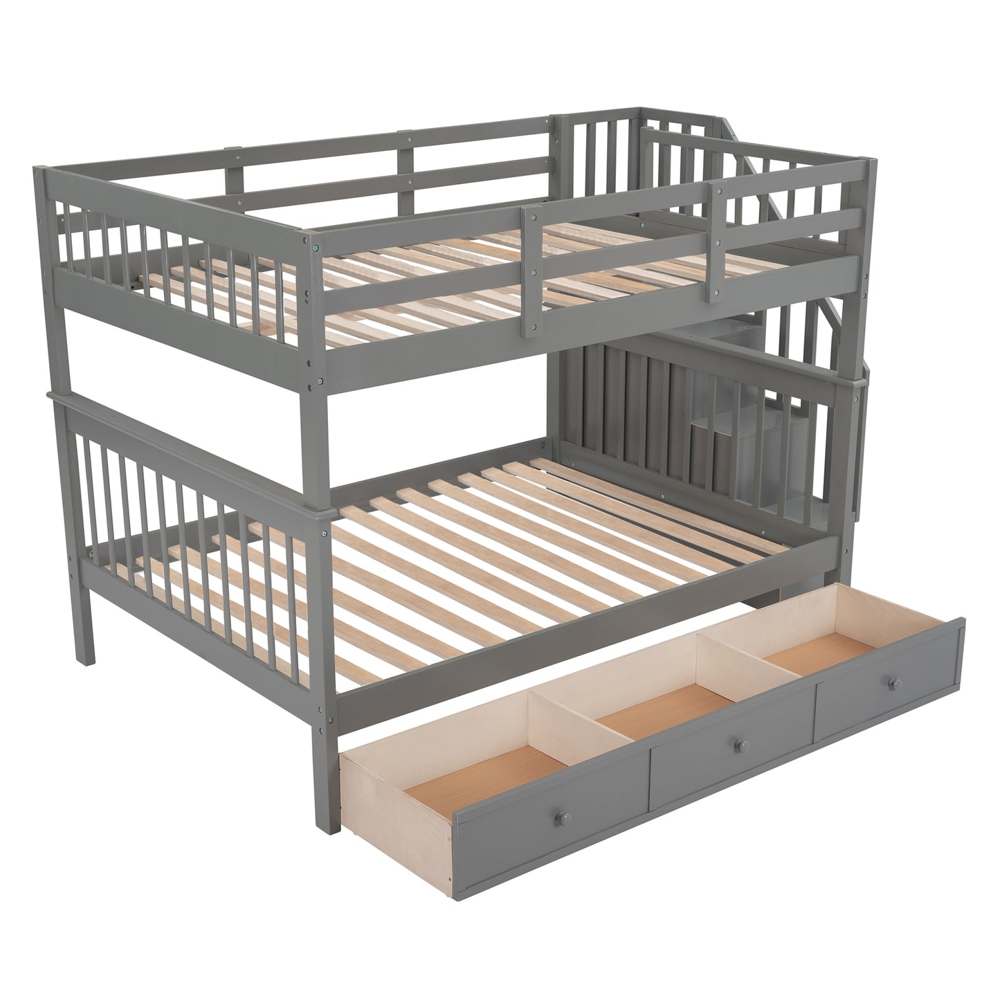 Gray Full-Over-Full Bunk Bed with Staircase, Drawer, and Storage