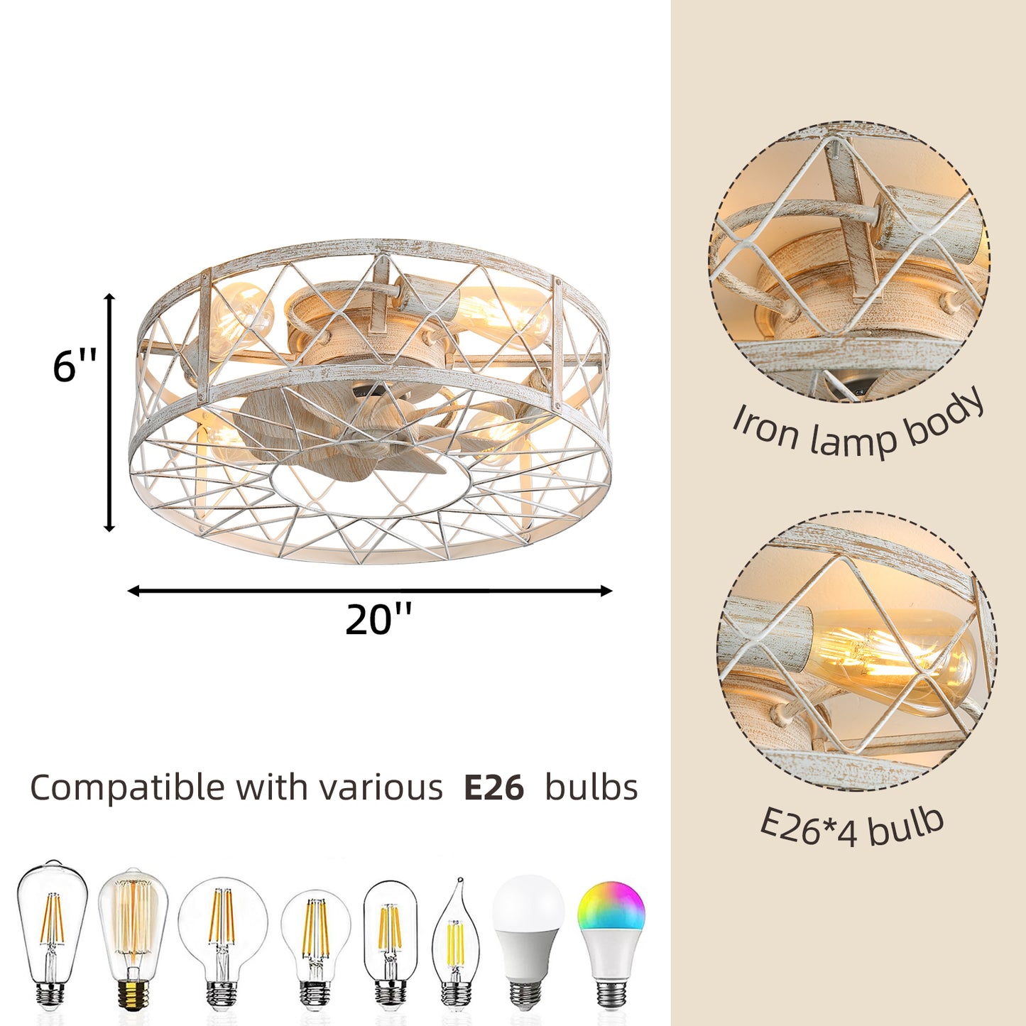 Vintage Wooden Cage Ceiling Fan with Light - 20