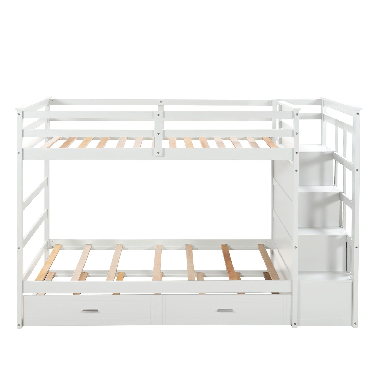 White Solid Wood Twin Bunk Bed with Trundle and Staircase