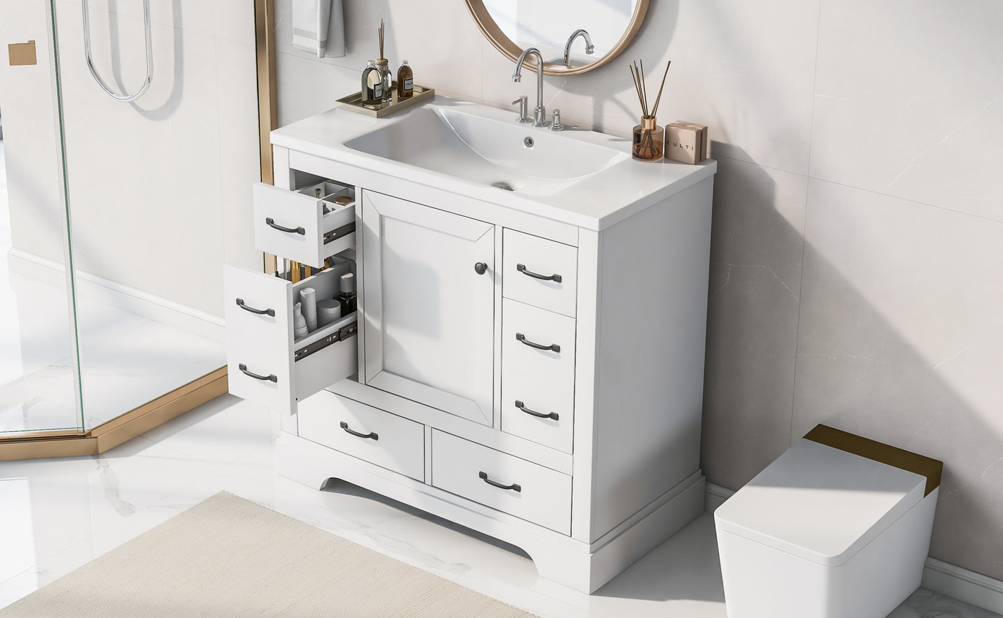 36" Bathroom Vanity with Sink Combo, Six Drawers, Multi-Functional Drawer Divider, Adjustable Shelf, White