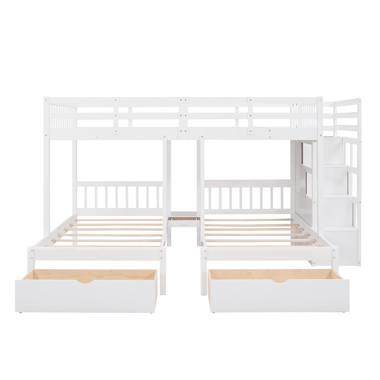 Three-Level Wooden Bunk Bed with Drawers, Full Over Twin & Twin Bunk Bed with Guardrails (White)