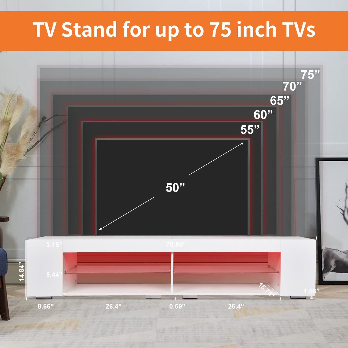 Modern LED TV Stand with RGB Remote Control and Tempered Glass Shelf