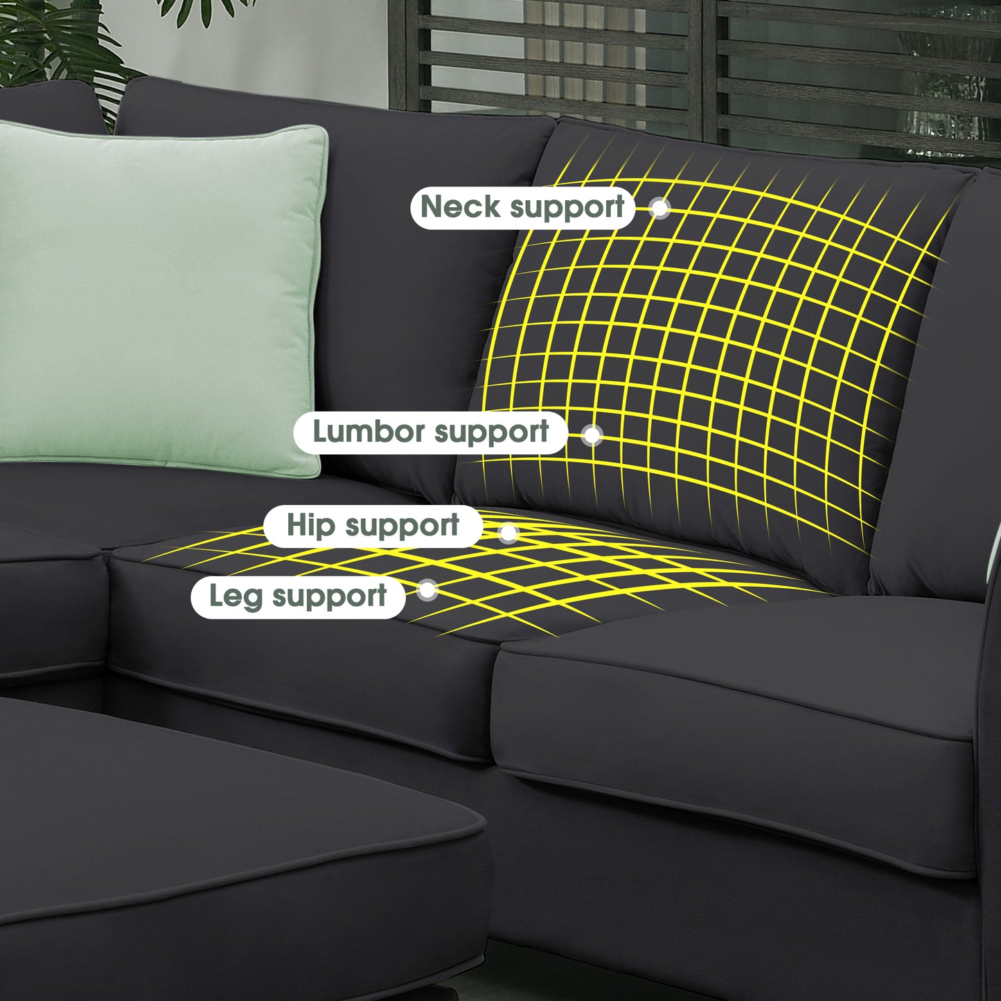 L-Shaped Black Sectional Couch Set with Ottoman and Pillows