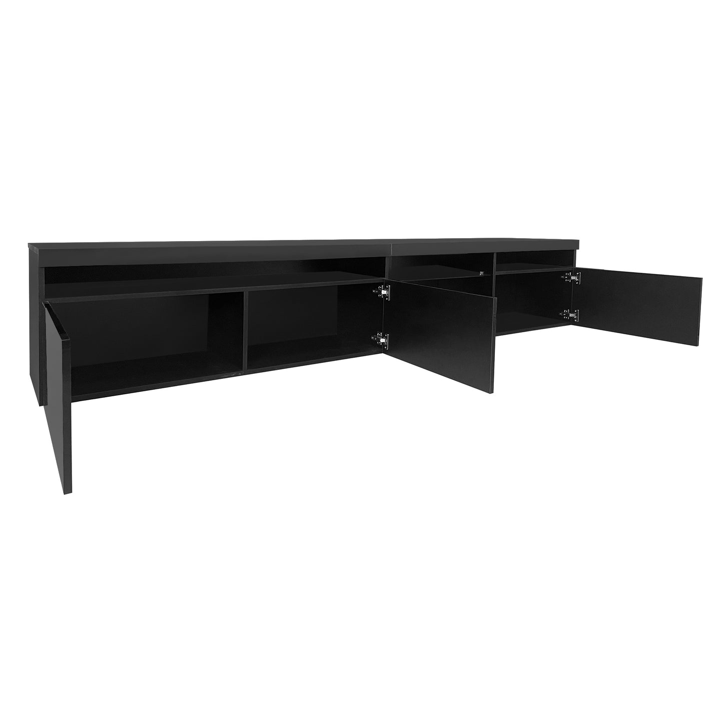 Contemporary Black LED TV Stand with Glass Shelves and Ample Storage Space