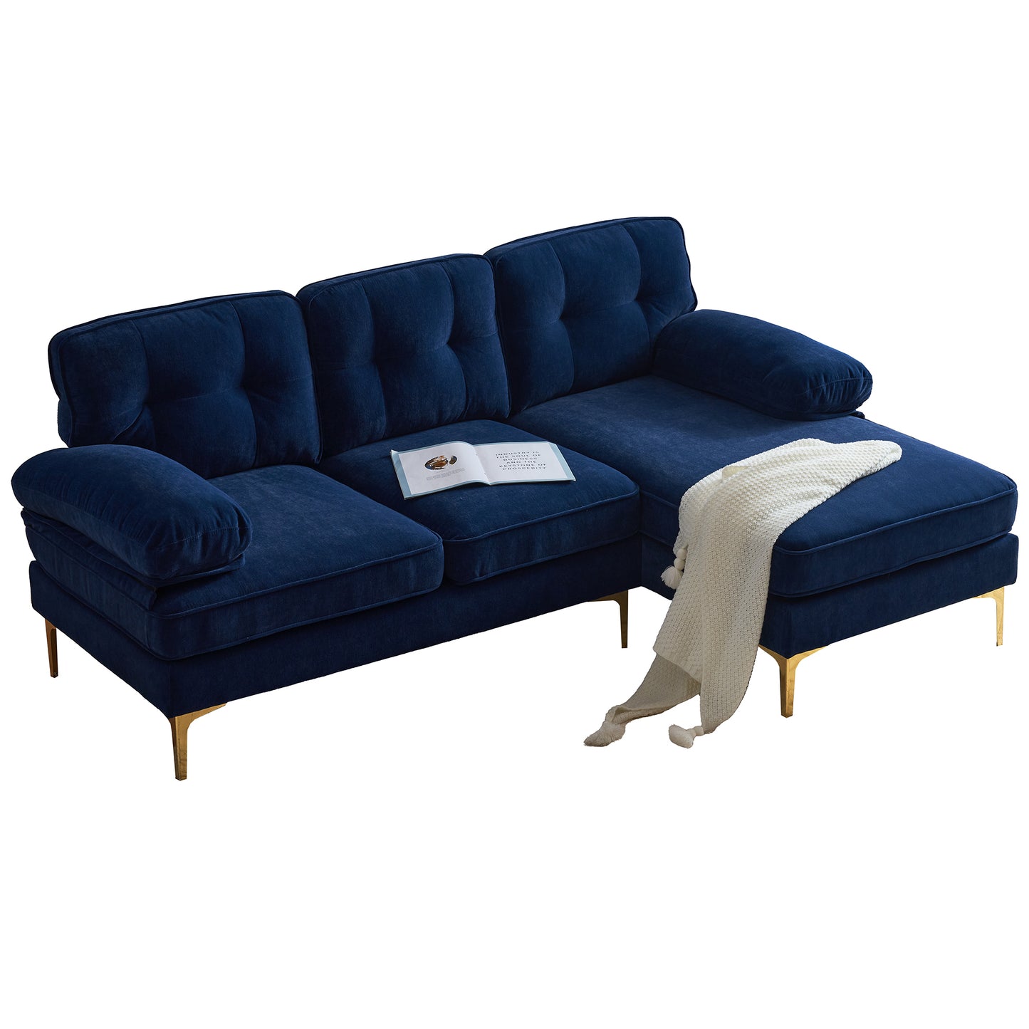 83 Blue Velvet L-Shaped Sectional Sofa with Mid-Century Modern Vibes