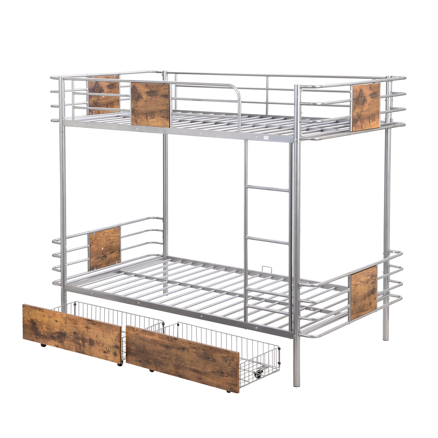 Silver Metal Bunk Bed with Twin XL Storage Drawers and Guardrail